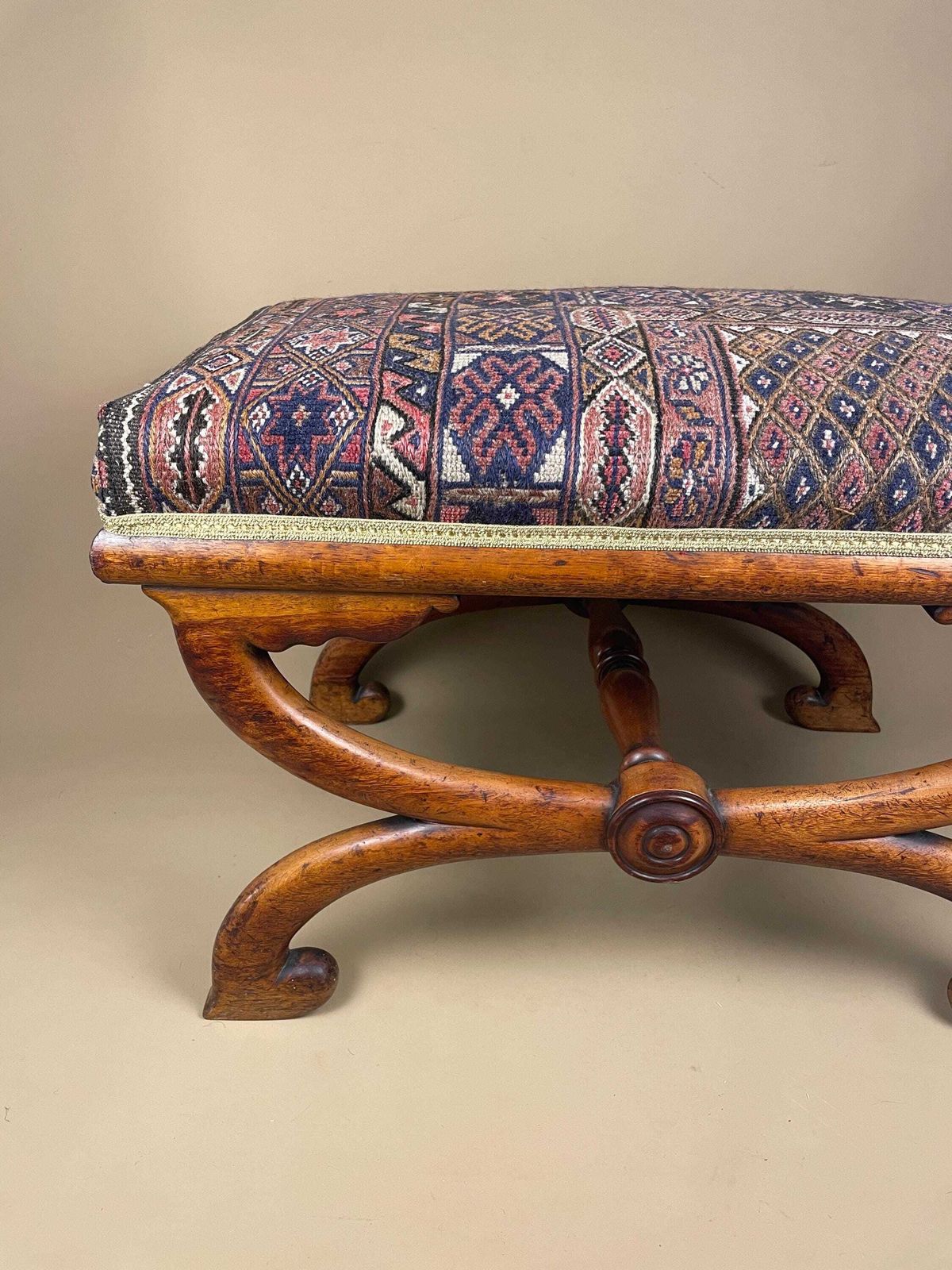 photo buy Antique Hallway Bench X Frame Curule Stool Upholstered Carpet Top Seat Wooden Legs Cottage Farmhouse Furniture Regency Savonarola Style