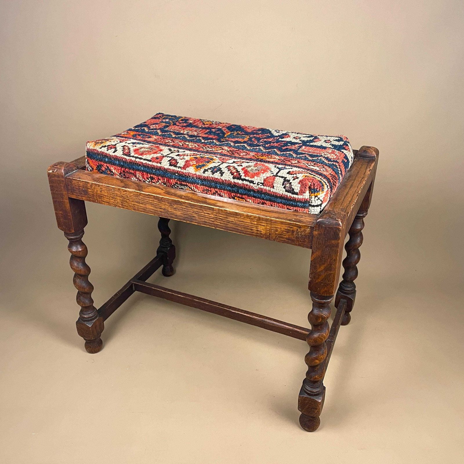 photo for sale Antique Hallway Footstool Bench Upholstered Carpet Rug Top Stool Seat Twisted Wooden Legs Cottage Farmhouse Furniture Foot Stool