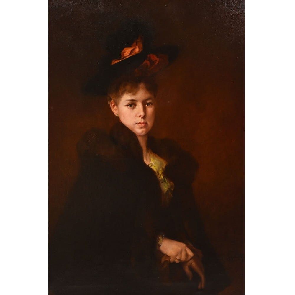 Antique Woman Portrait Painting, Elegant Female, Oil On Canvas, XIX Century. photo for sale