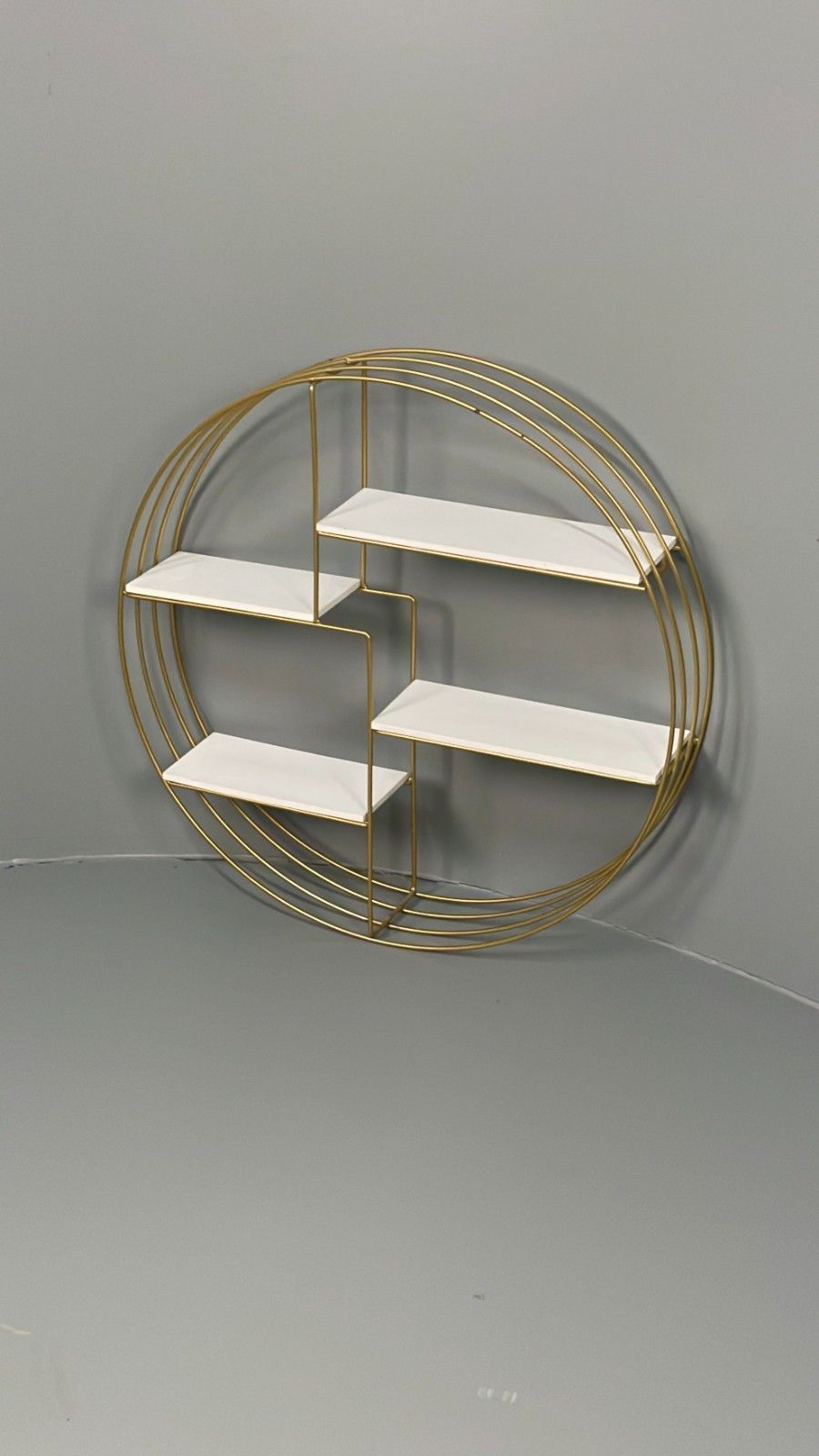 Vintage 1960s Round Shelving Wall Mounted Gold & White Wire Framed Eb11491 Mwoo