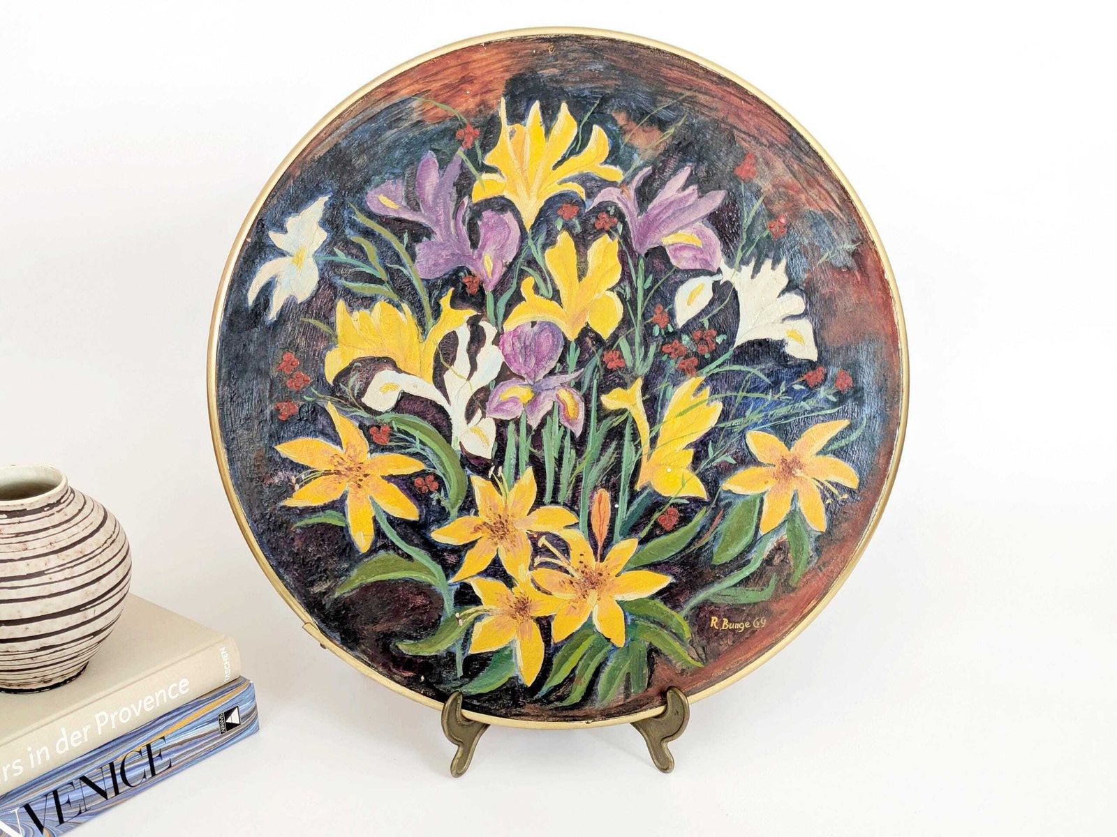 Midcentury Round Floral Oil Painting On Board, Brass Rim, Spring Bouquet, Signed 1969 photo furniture