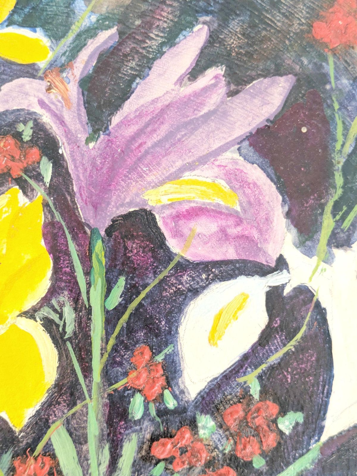 192.0 Midcentury Round Floral Oil Painting On Board, Brass Rim, Spring Bouquet, Signed 1969 photo
