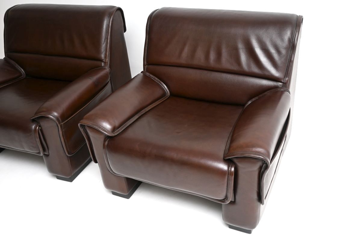 Pair Of Vintage Leather Armchairs And Stool By De Sede photo buy