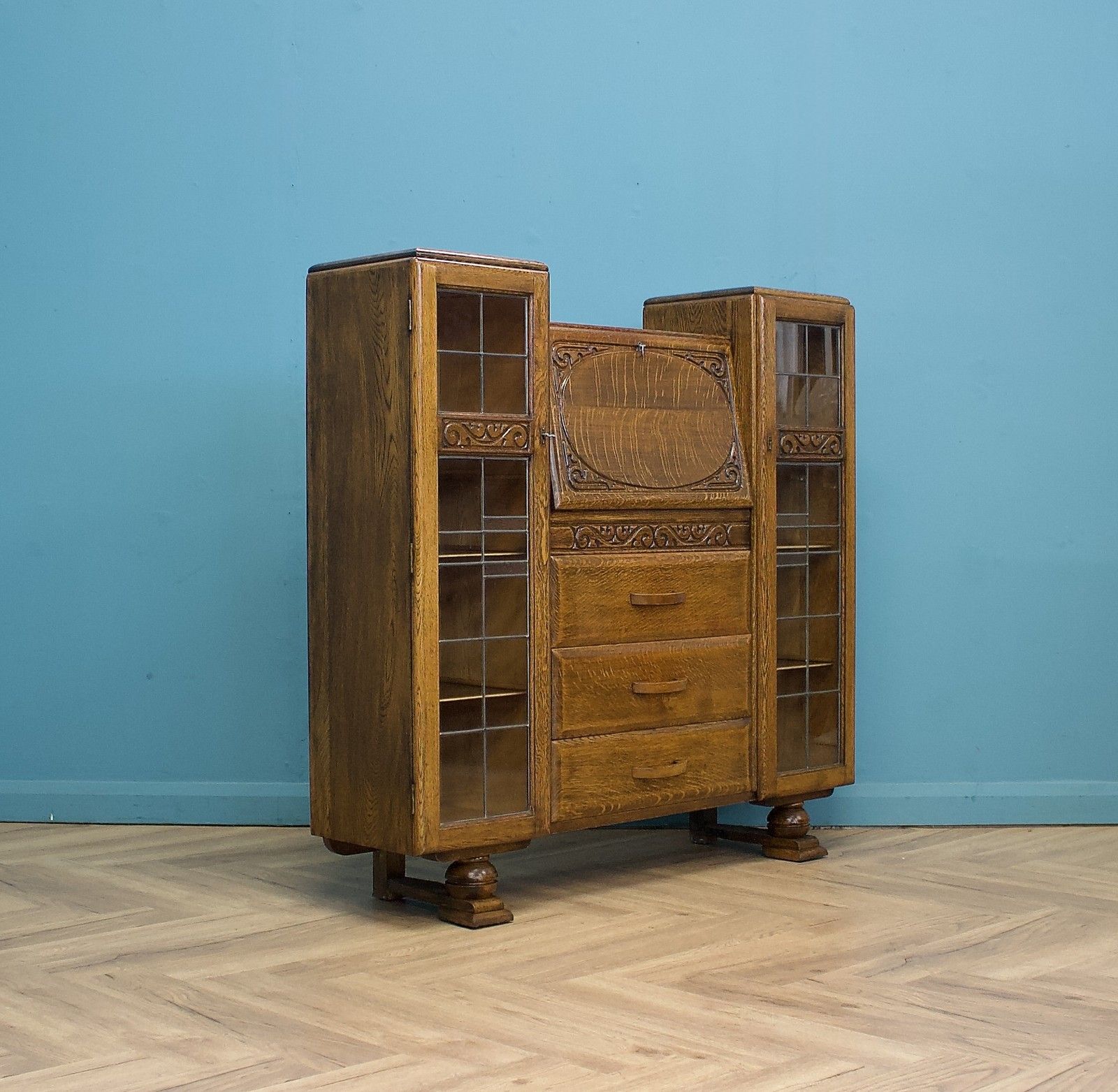 Vintage Oak Art Deco Glazed Bookcase Display Cabinet, 1930s #1702 photo for sale