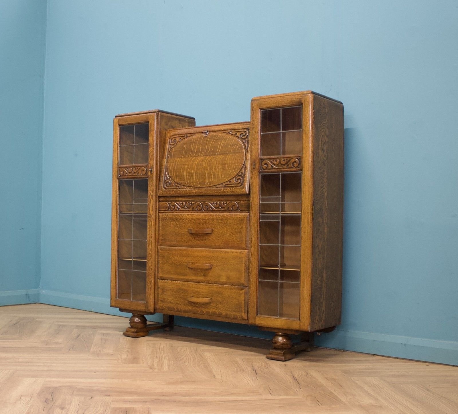 Vintage Oak Art Deco Glazed Bookcase Display Cabinet, 1930s #1702 photo Furniture