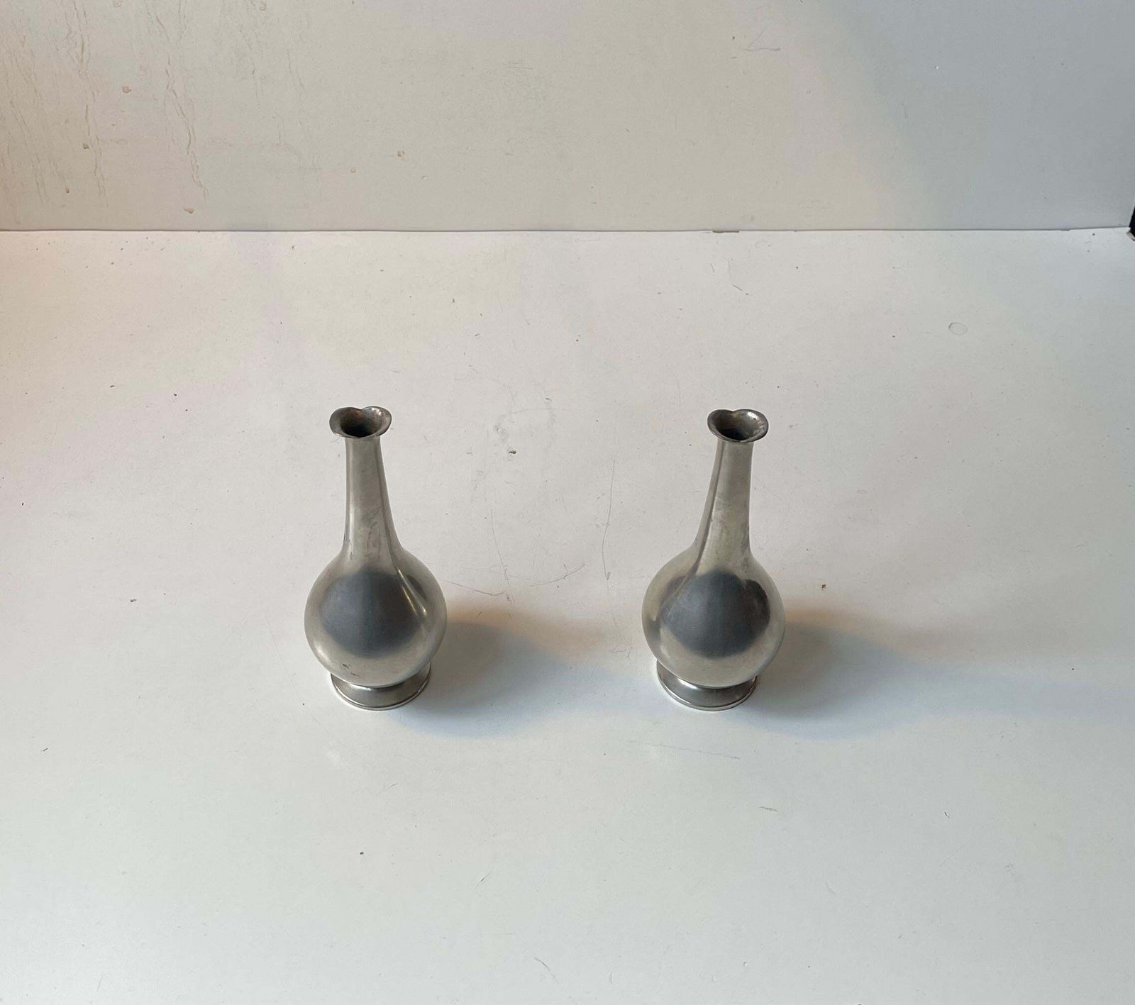 Just Andersen Art Deco Fish Mouth Vases In Pewter, 1930s photo for sale