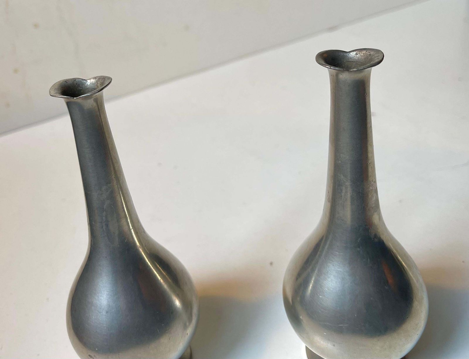 Just Andersen Art Deco Fish Mouth Vases In Pewter, 1930s photo vinterior