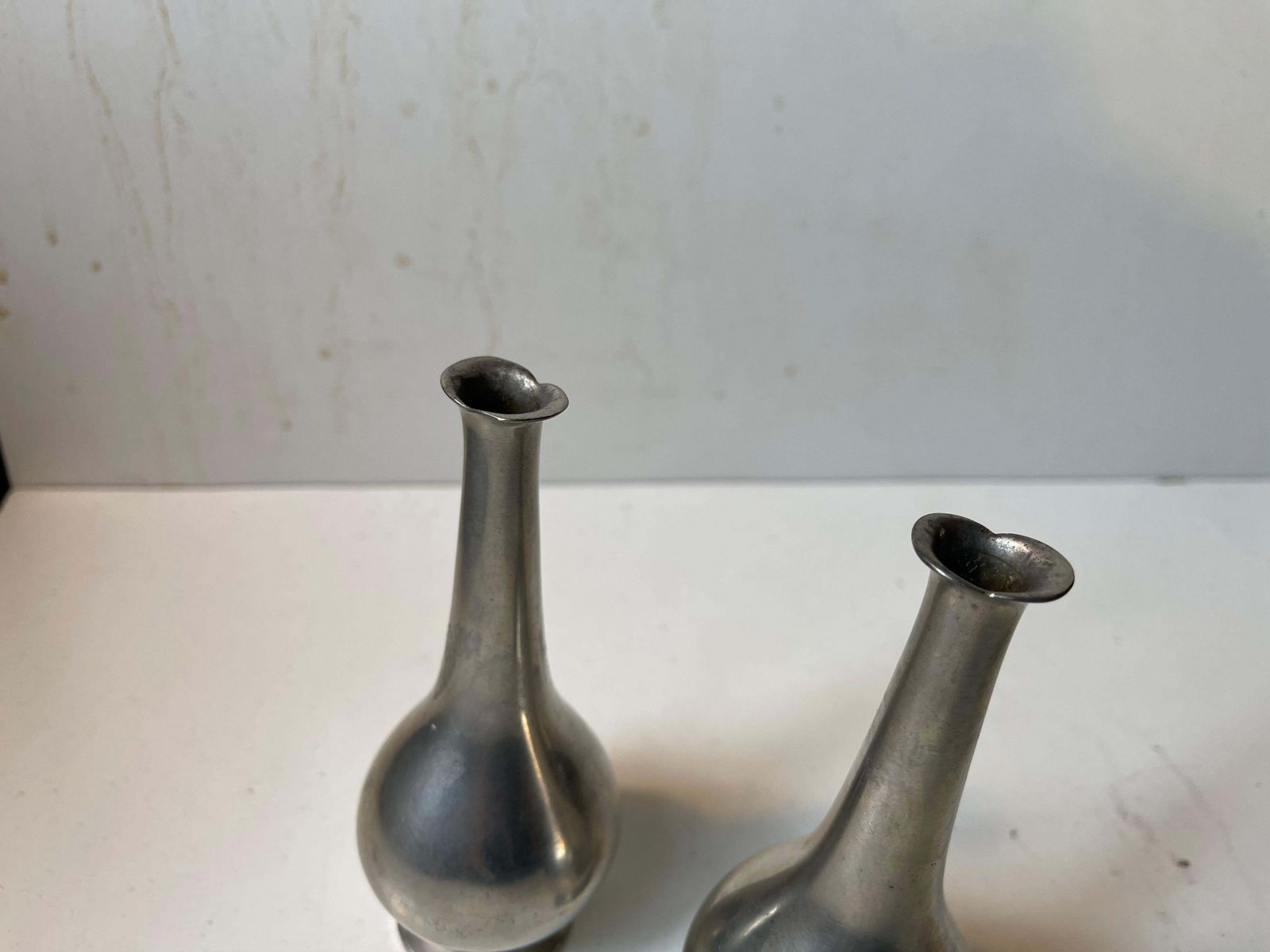 Just Andersen Art Deco Fish Mouth Vases In Pewter, 1930s photo vintage