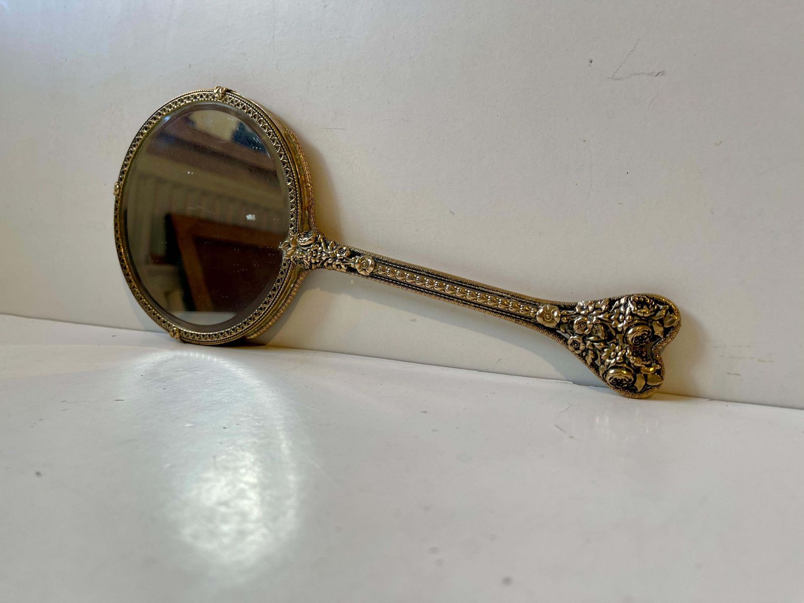 Antique French Hand Mirror In Etched & Reticulated Bronze photo for sale
