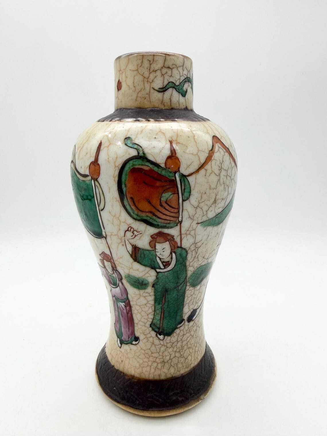 Antique Chinese Crackle Vase, Battle Scene Canton Style Vase Circa 1890 photo vinterior