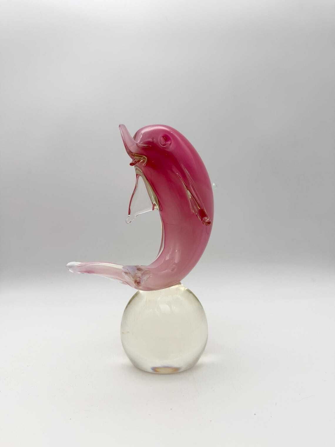 Murano Glass Pink Dolphin Ornament, Pink Glass Dolphin photo vinterior