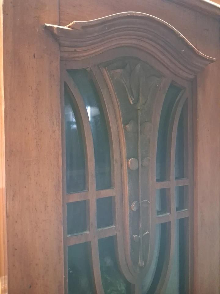 Antique Art Nouveau Satinwood Mirrored Wardrobe With Panels & Glass Windows photo vintage