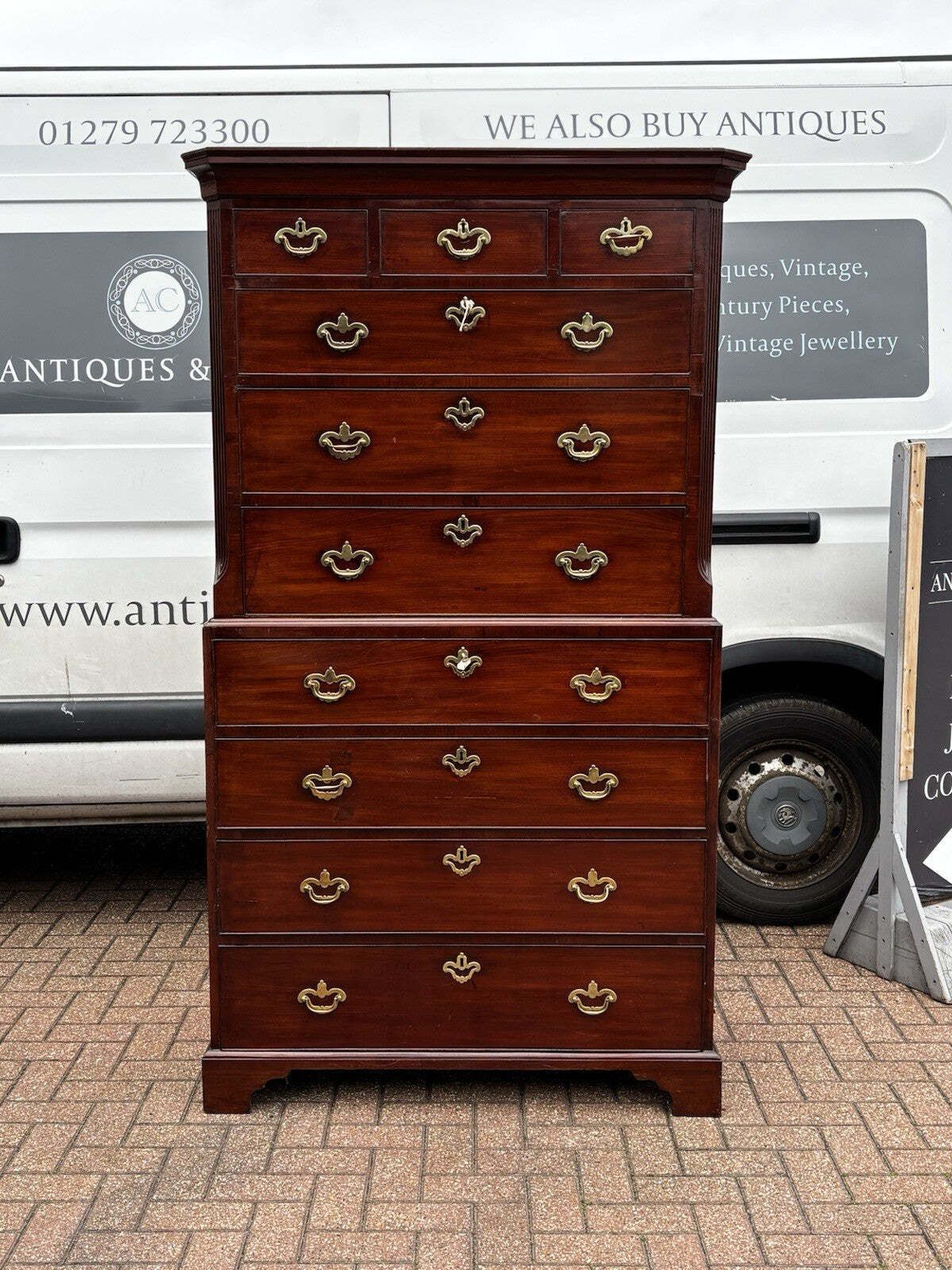 George II Mahogany Chest On Chest With Secretaire Desk, Original Handles. photo vintage
