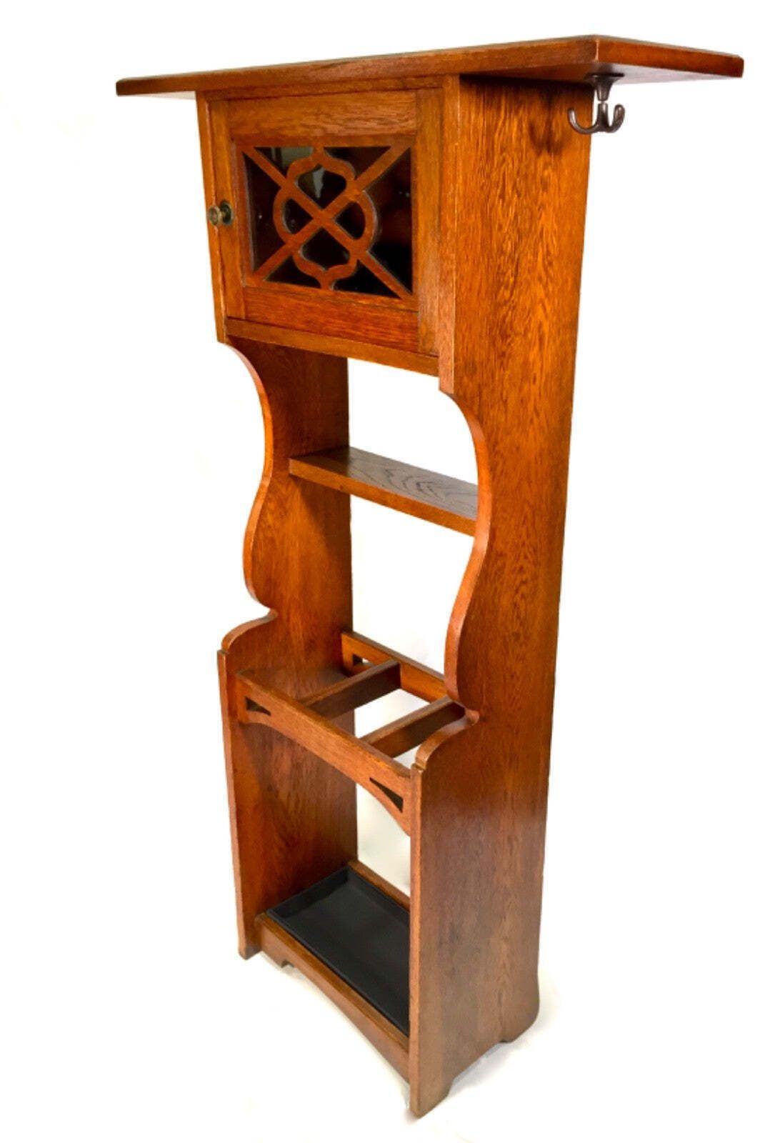 Antique Arts & Crafts Oak Wooden Entrance Hall Coat Stand / Umbrella Rack C.1900