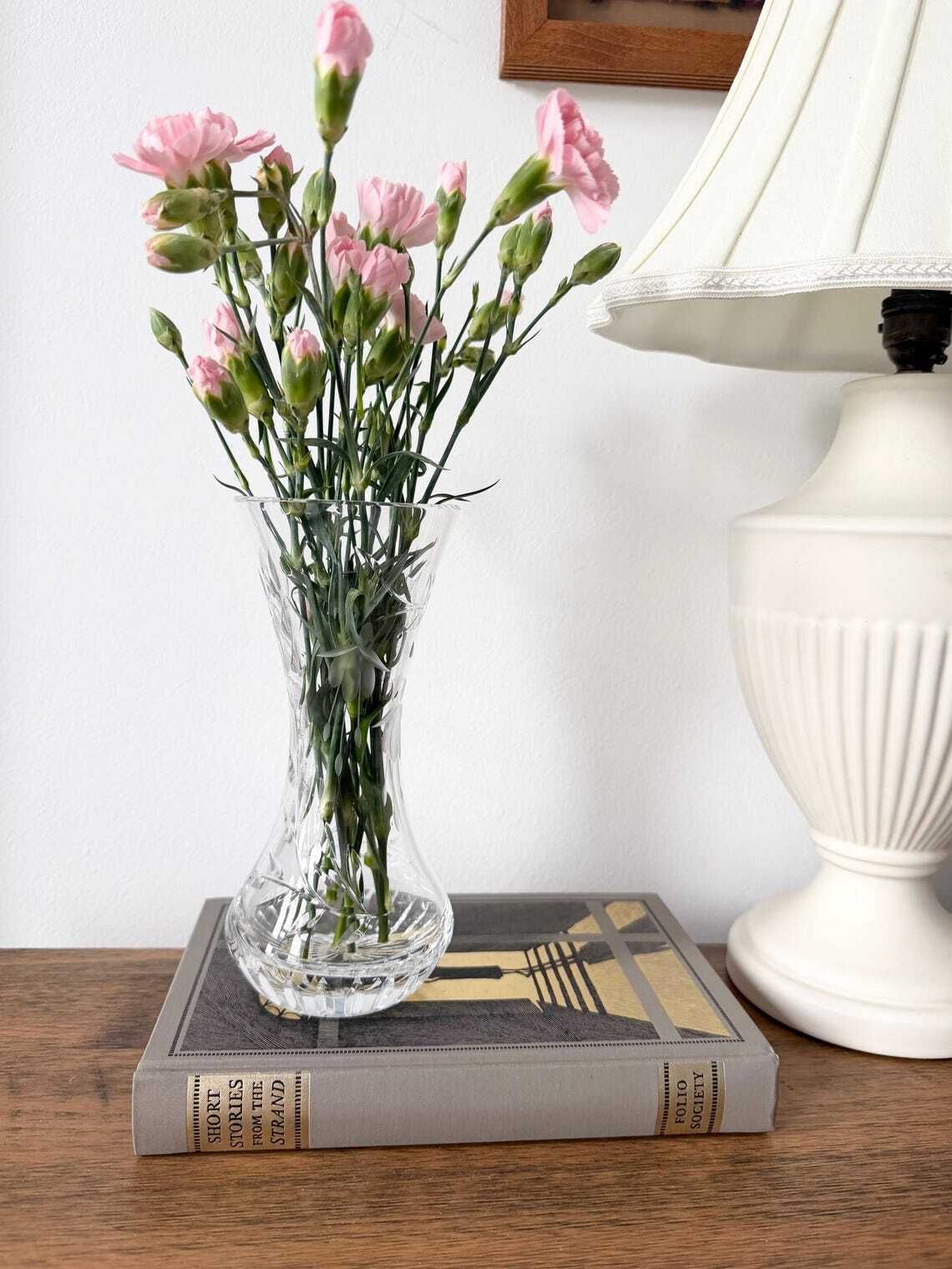photo furniture Vintage Royal Stuart Crystal Cascade Fuchsia Etched Vase