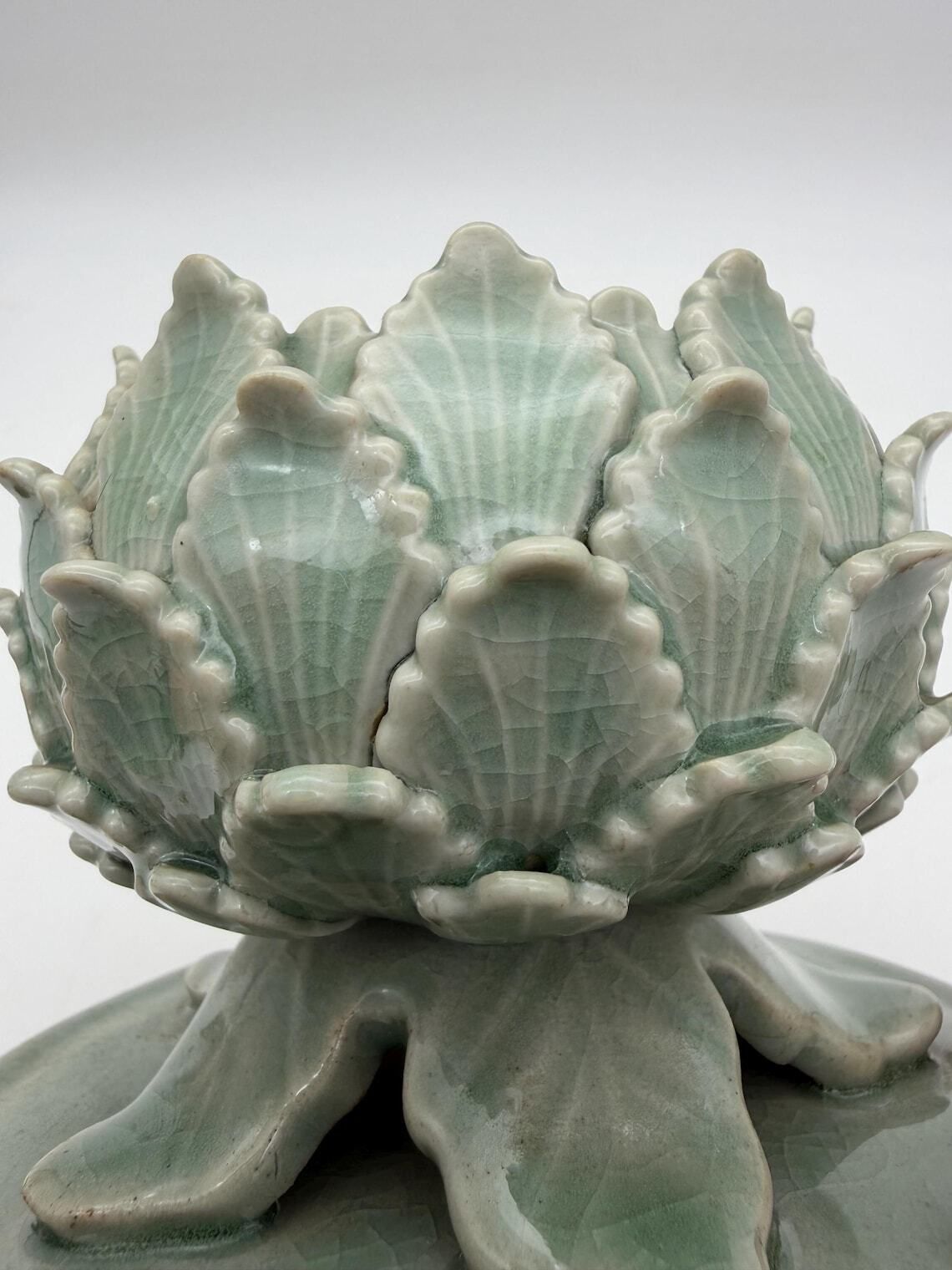Celadon Green Lotus & Rabbit Incense Burner, Korean Pottery Incense Holder photo buy