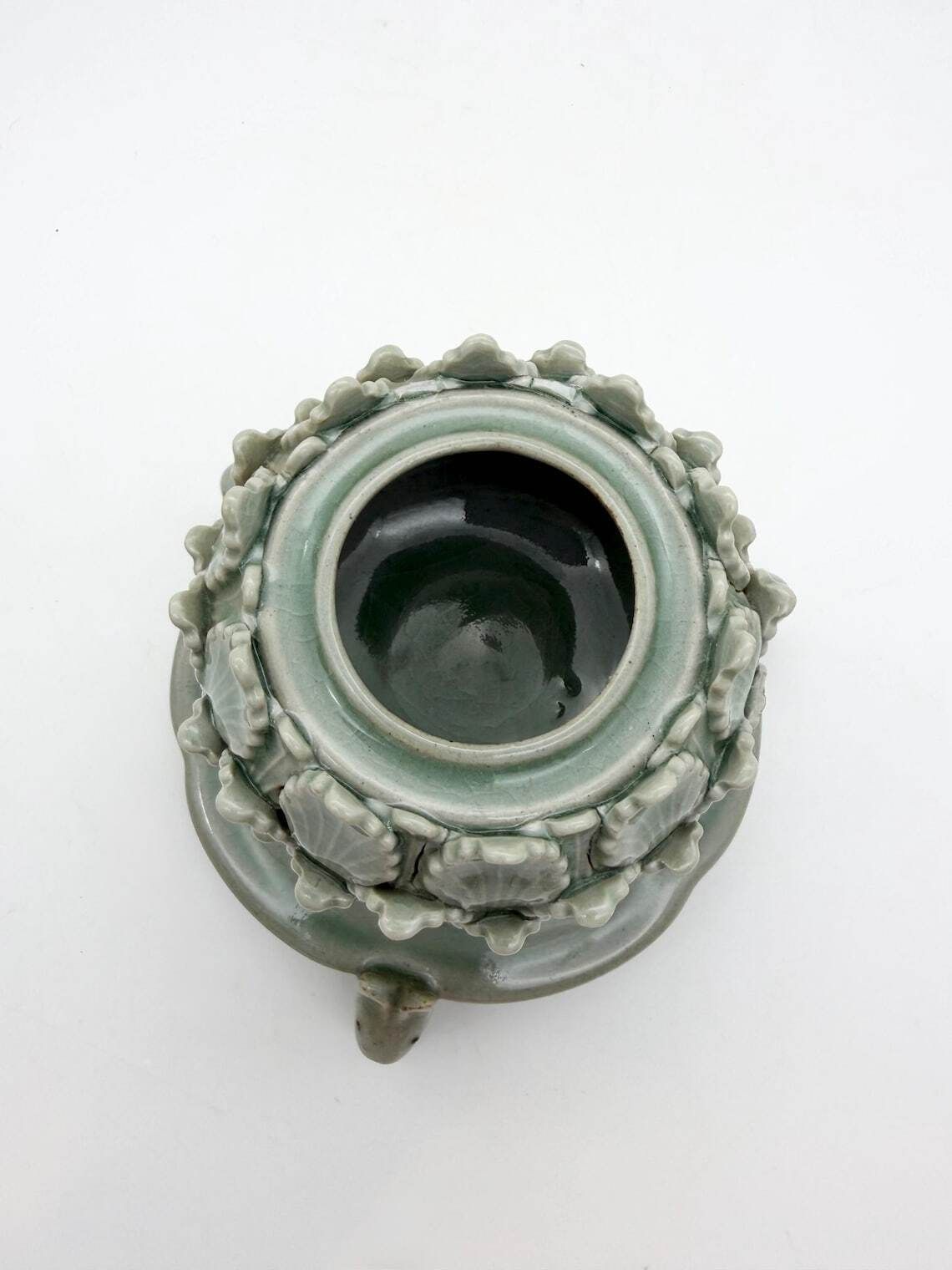 Celadon Green Lotus & Rabbit Incense Burner, Korean Pottery Incense Holder photo vintage