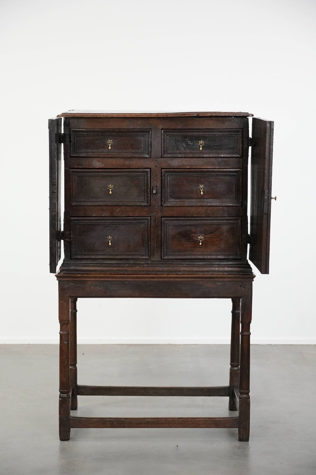 Unique Antique English Cabinet / Cabinet On Stand Of Oak From The 17th Century With Beautiful Original Details photo for sale