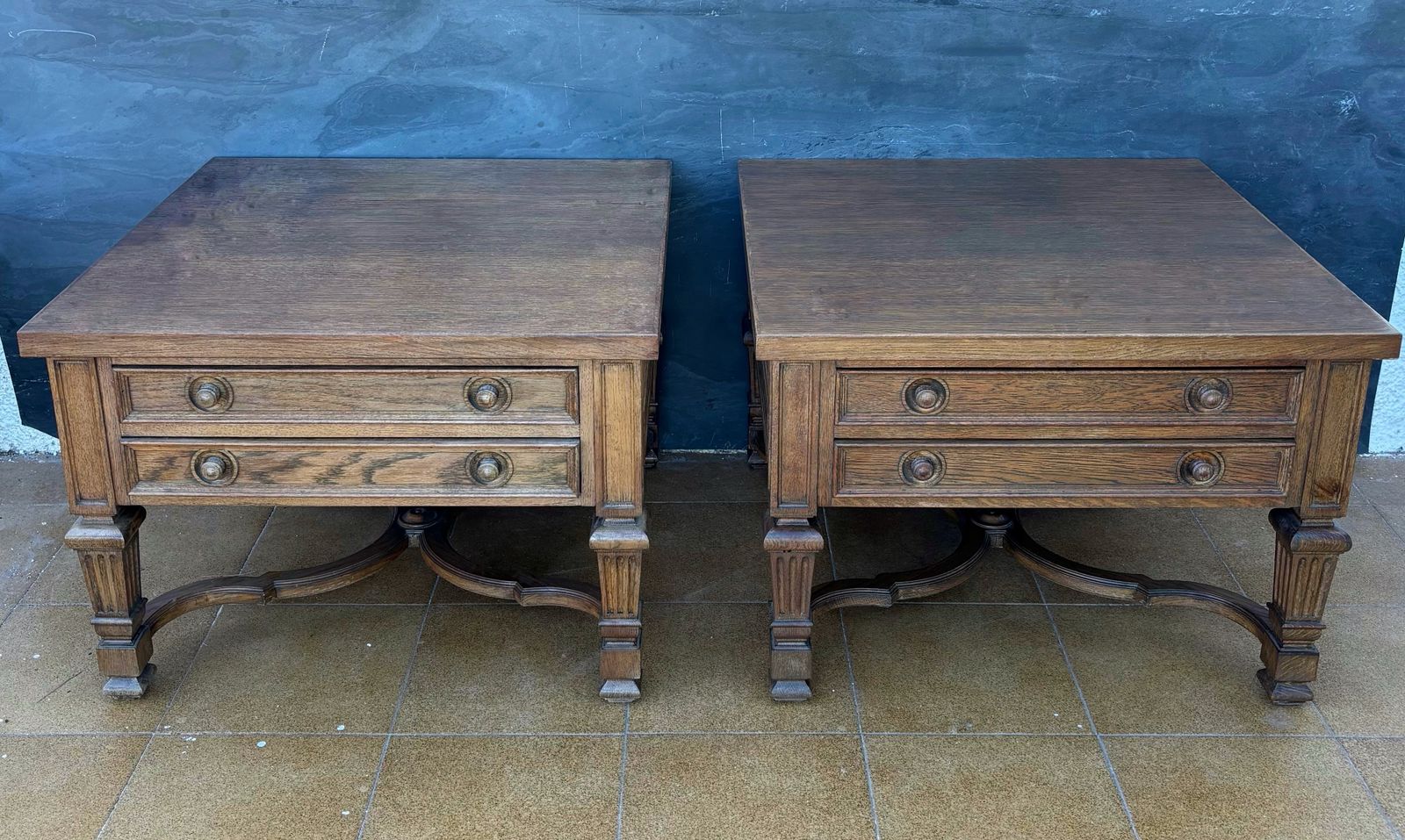 Pair Of Spanish Classical Revival Style Oak Side Tables, Mid 20th Century photo vinterior