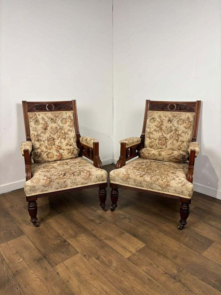 Pair Of Victorian Carved Walnut Upholstered Library Armchairs photo 489.0