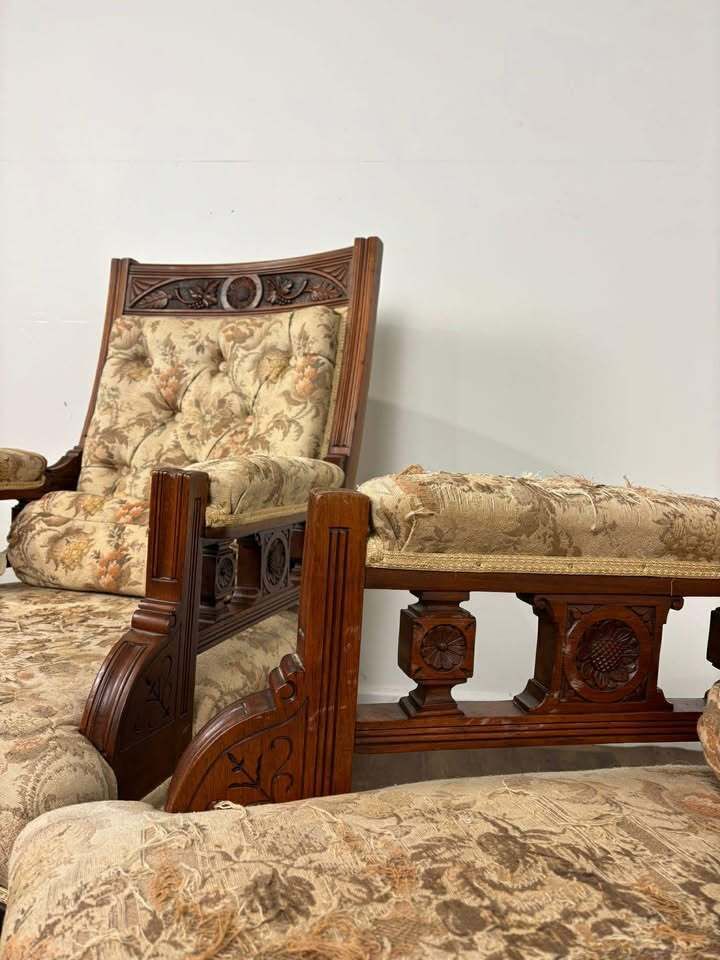 Pair Of Victorian Carved Walnut Upholstered Library Armchairs photo vintage