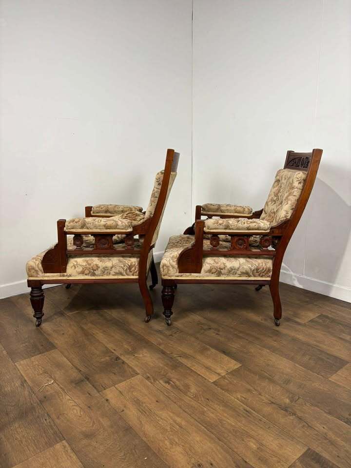 photo furniture Pair Of Victorian Carved Walnut Upholstered Library Armchairs