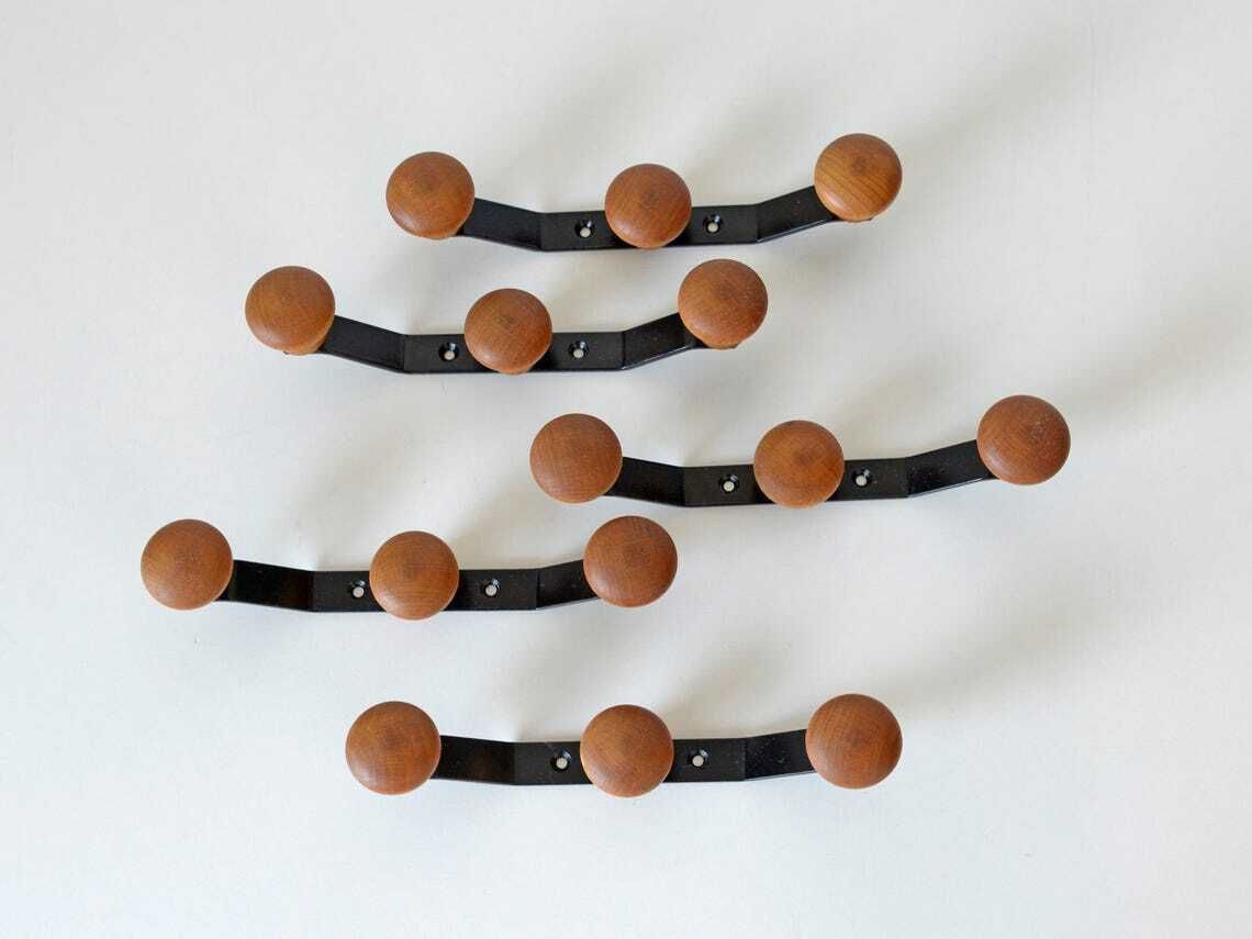 Vintage Hooks / Wood And Metal / Set Of 10 / Wall Coat Rack / Retro Hooks 1990's / Hat Rack / Towel Rack photo for sale