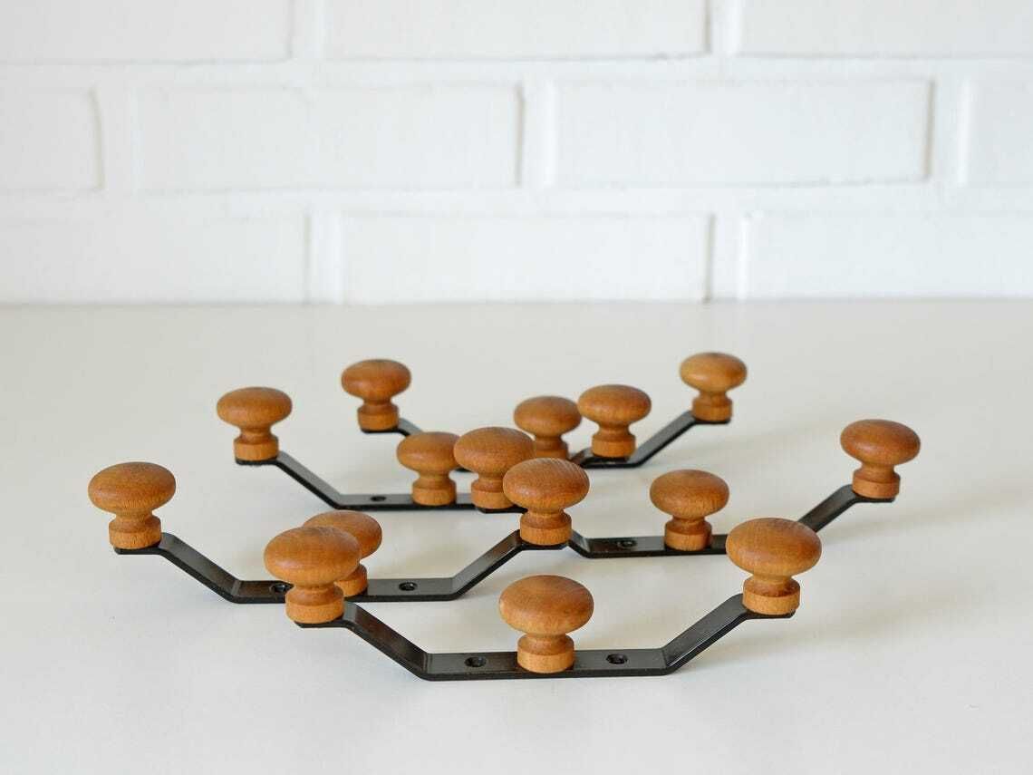 Vintage Hooks / Wood And Metal / Set Of 10 / Wall Coat Rack / Retro Hooks 1990's / Hat Rack / Towel Rack photo buy