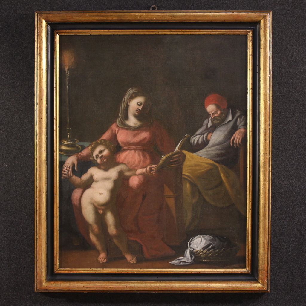 Antique Italian Painting From The 17th Century, Holy Family With Sleeping Saint Joseph