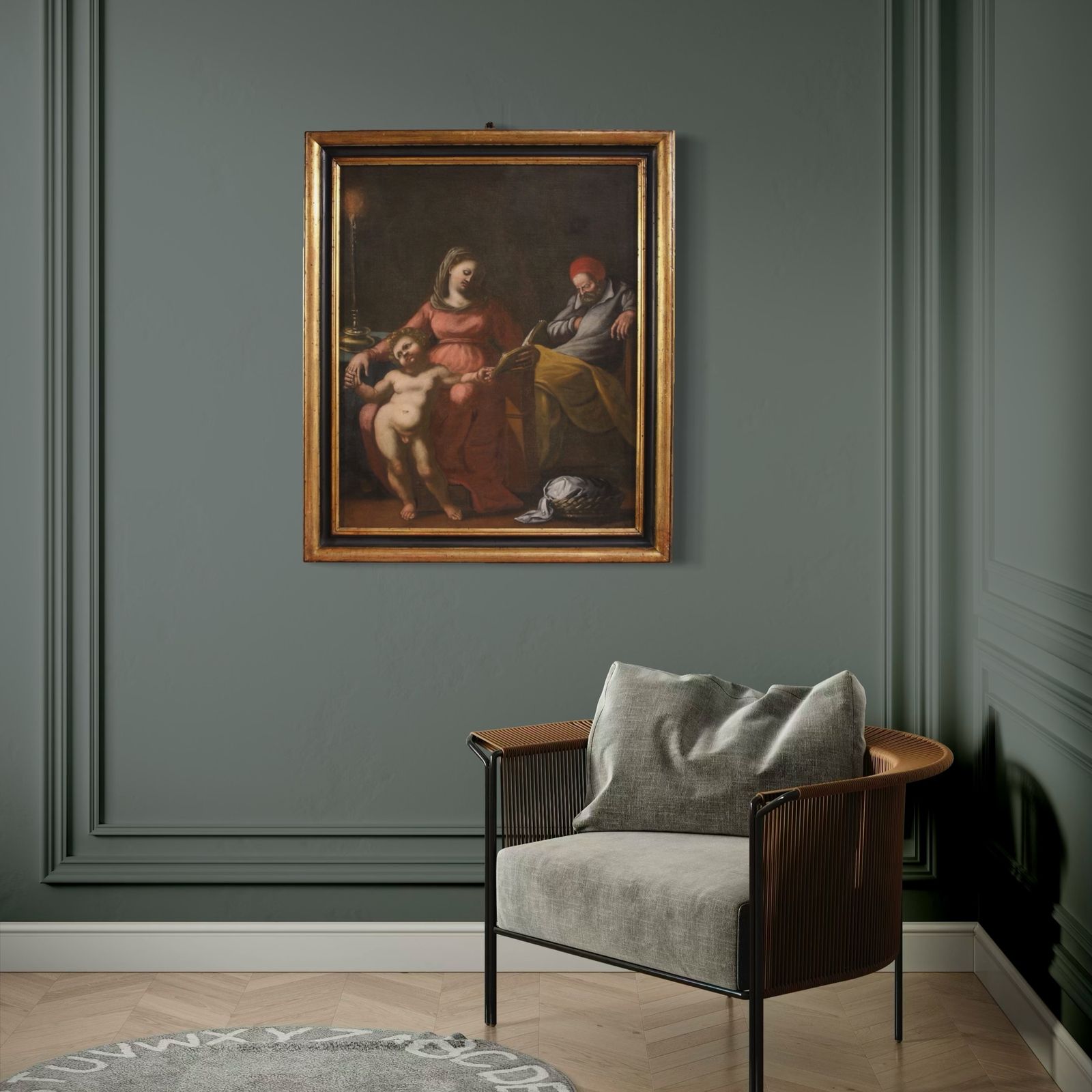 photo vinterior Antique Italian Painting From The 17th Century, Holy Family With Sleeping Saint Joseph