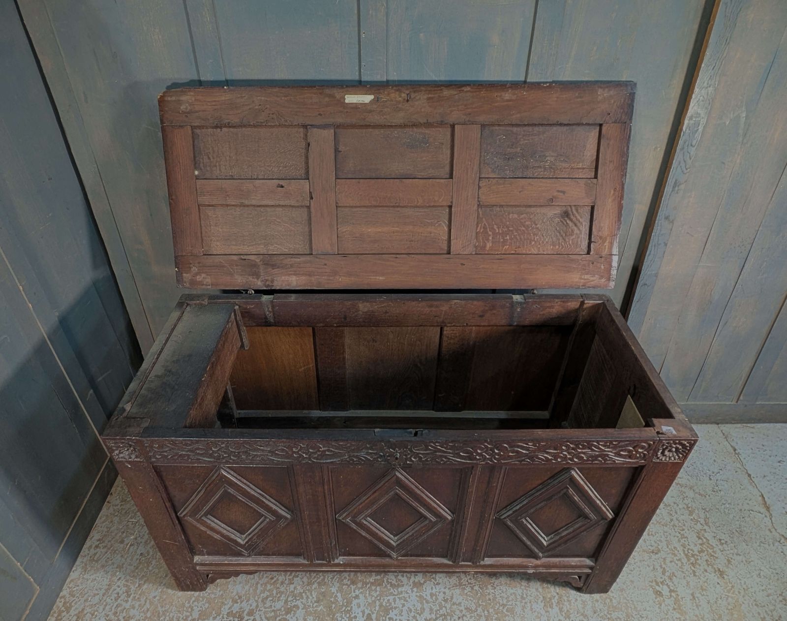 17th Century And Later Panelled Antique Oak Coffer With Diamond Panels photo vinterior