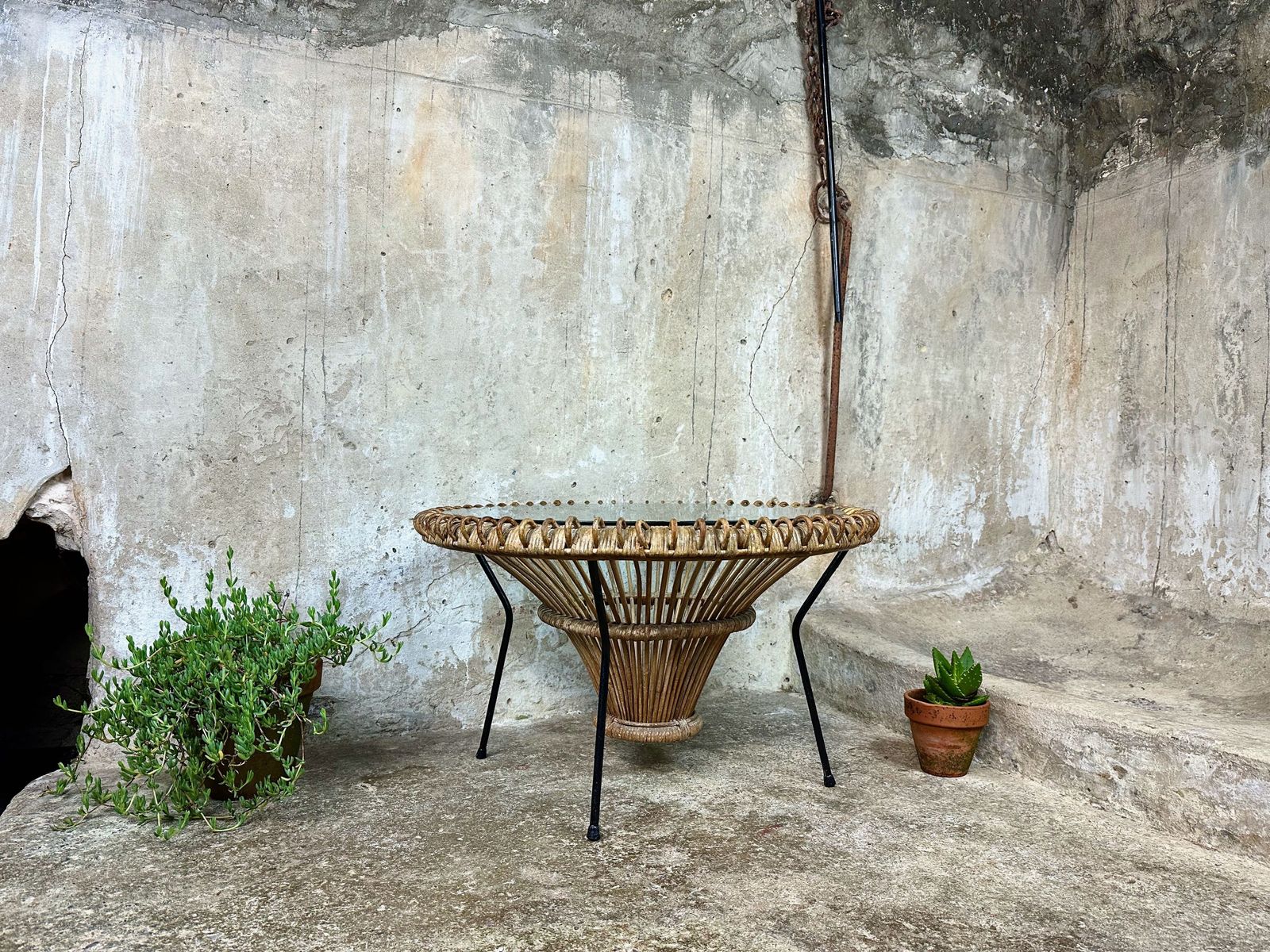 Vintage Rattan And Glass Franco Albini Coffee Table