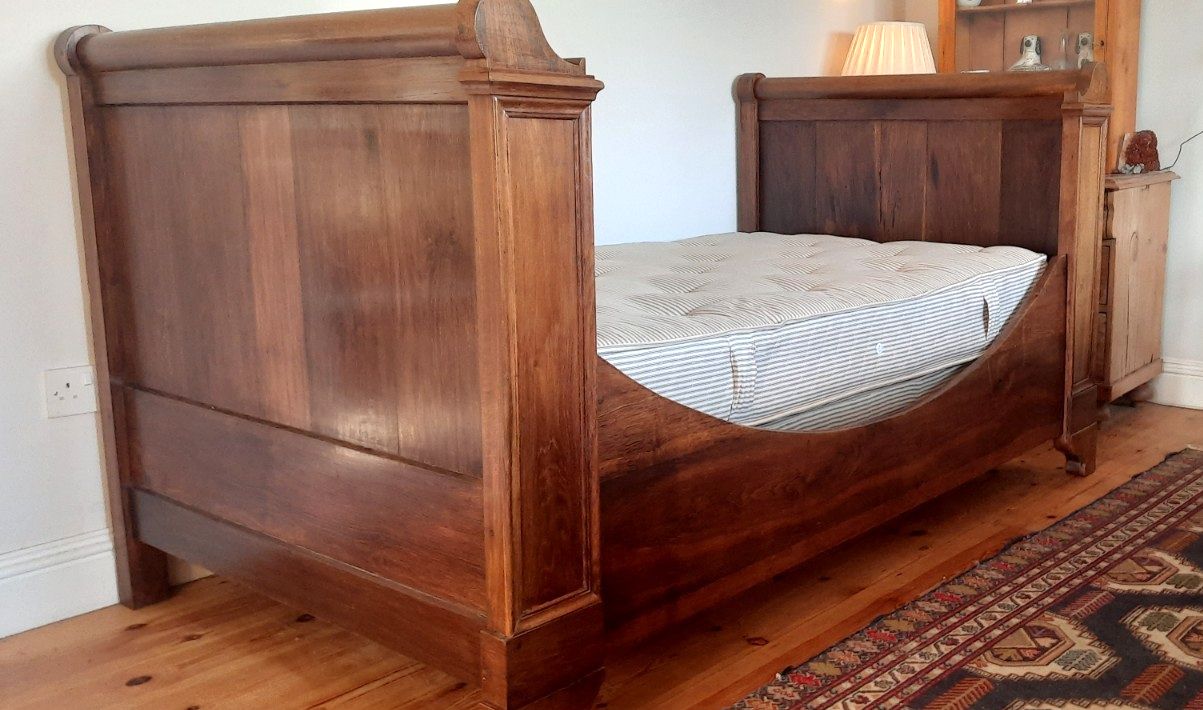 Antique French Oak Lit Bateau Super Single Size Bed Mattress And Bedbase photo furniture