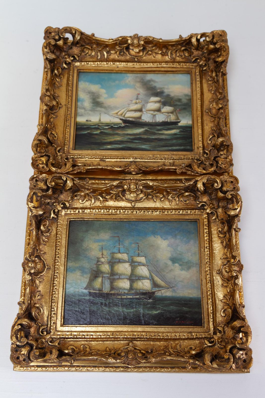 Marine Oil Paintings Of Sail Ships In Gilded Frame, 20th Century. Set Of 2. photo furniture