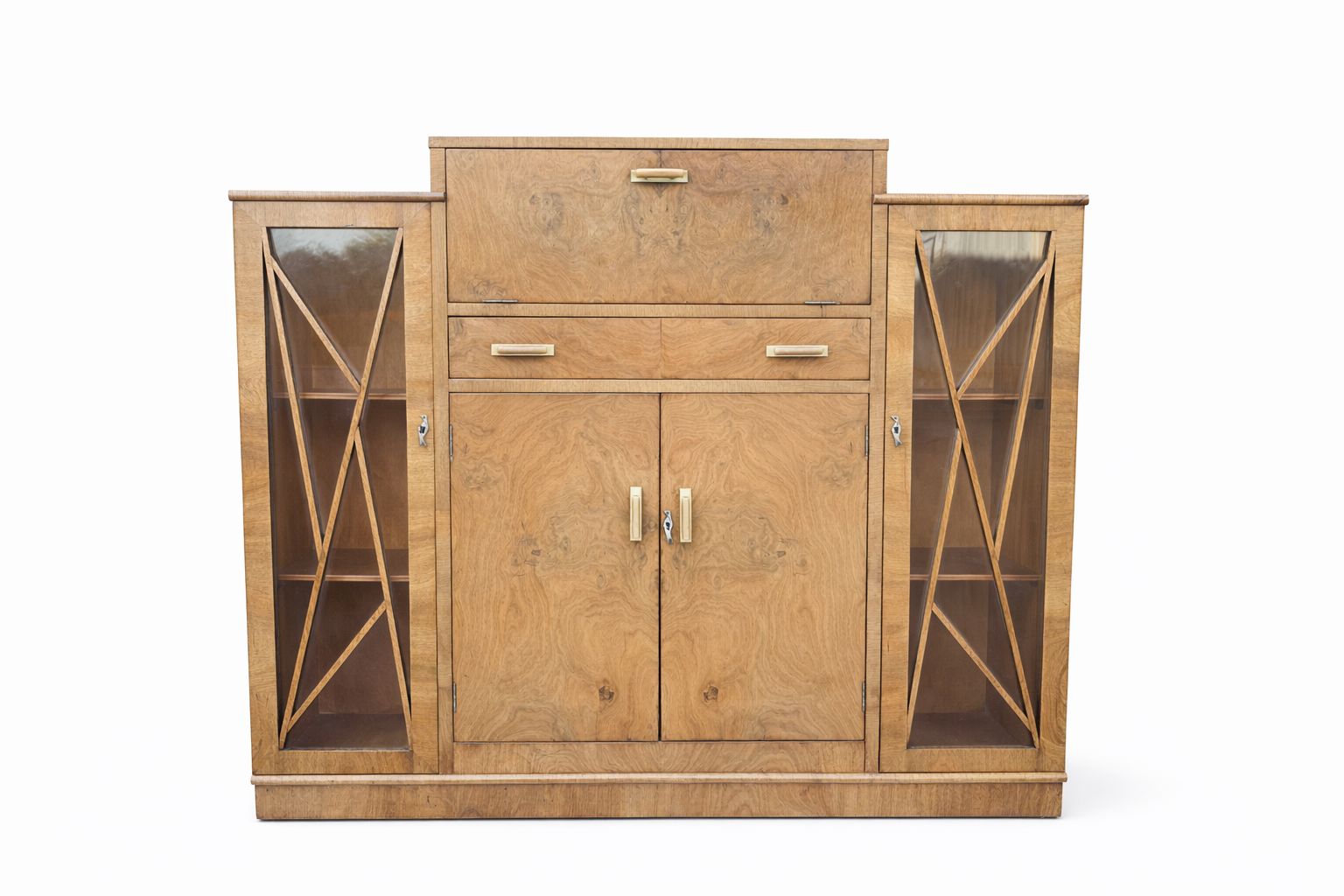 Exceptional 1930s Art Deco Burr Walnut Cocktail Cabinet With Mirrored Illuminated Bar