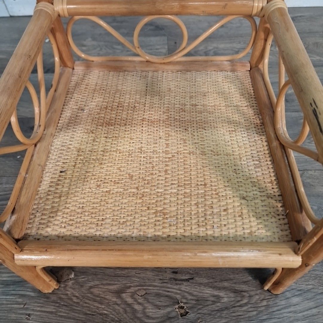Vintage Rattan Bedside Table Two Tier Wicker Cane Whatnot Shelf Stand Retro photo vinterior