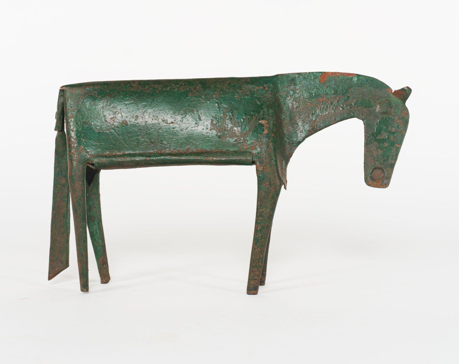 Vintage 1950s Or 1960s Indian Sculptural Folk Art Distressed Green Tin Horse