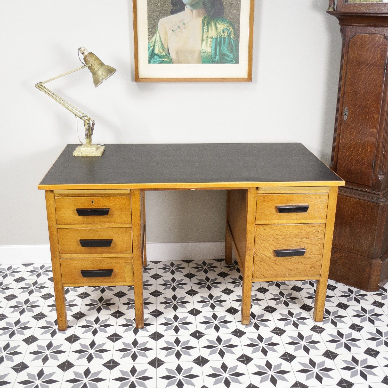 Oak And Oak Faced Mid Century Twin Pedestal Desk With Black Leatherette Top photo furniture