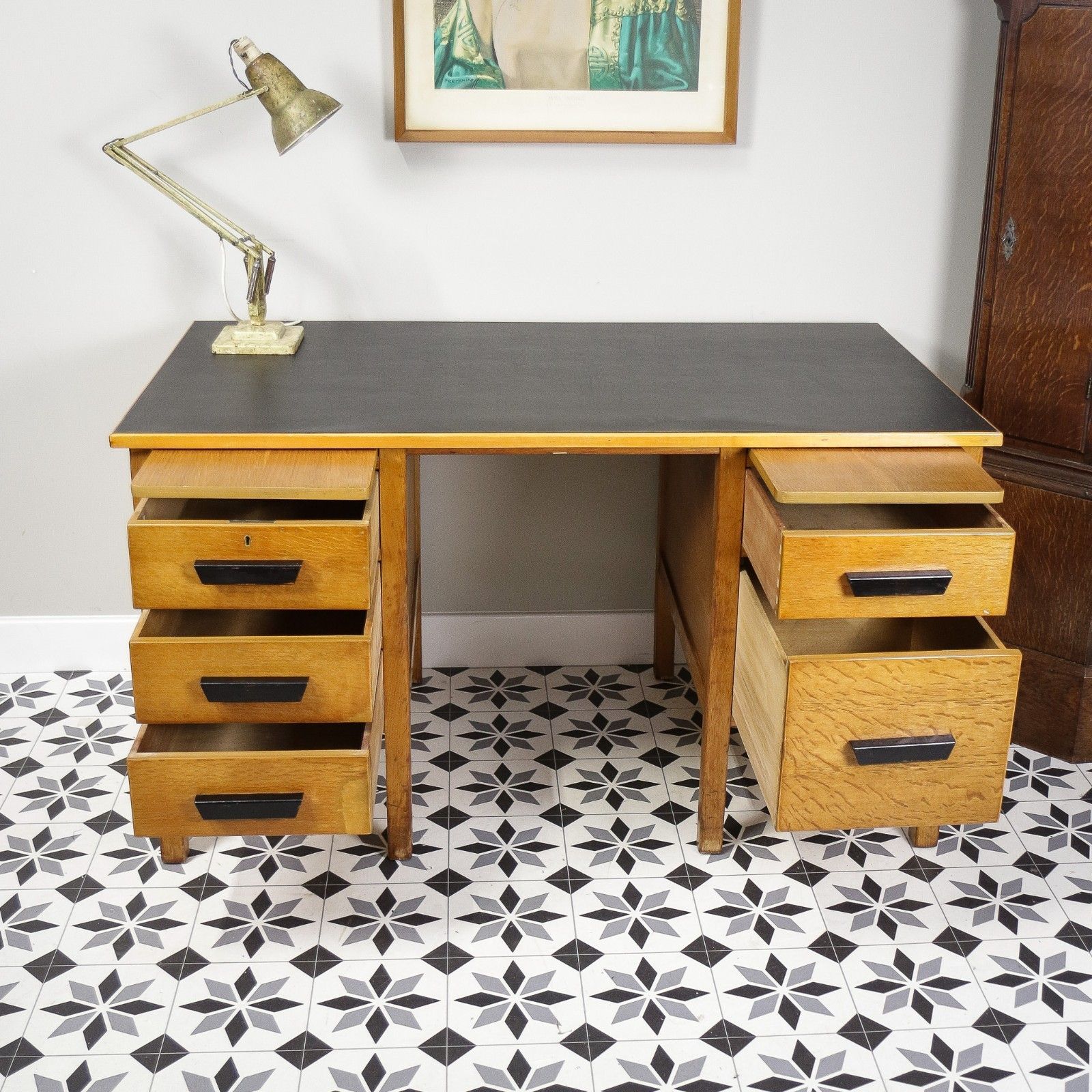 Oak And Oak Faced Mid Century Twin Pedestal Desk With Black Leatherette Top photo Furniture