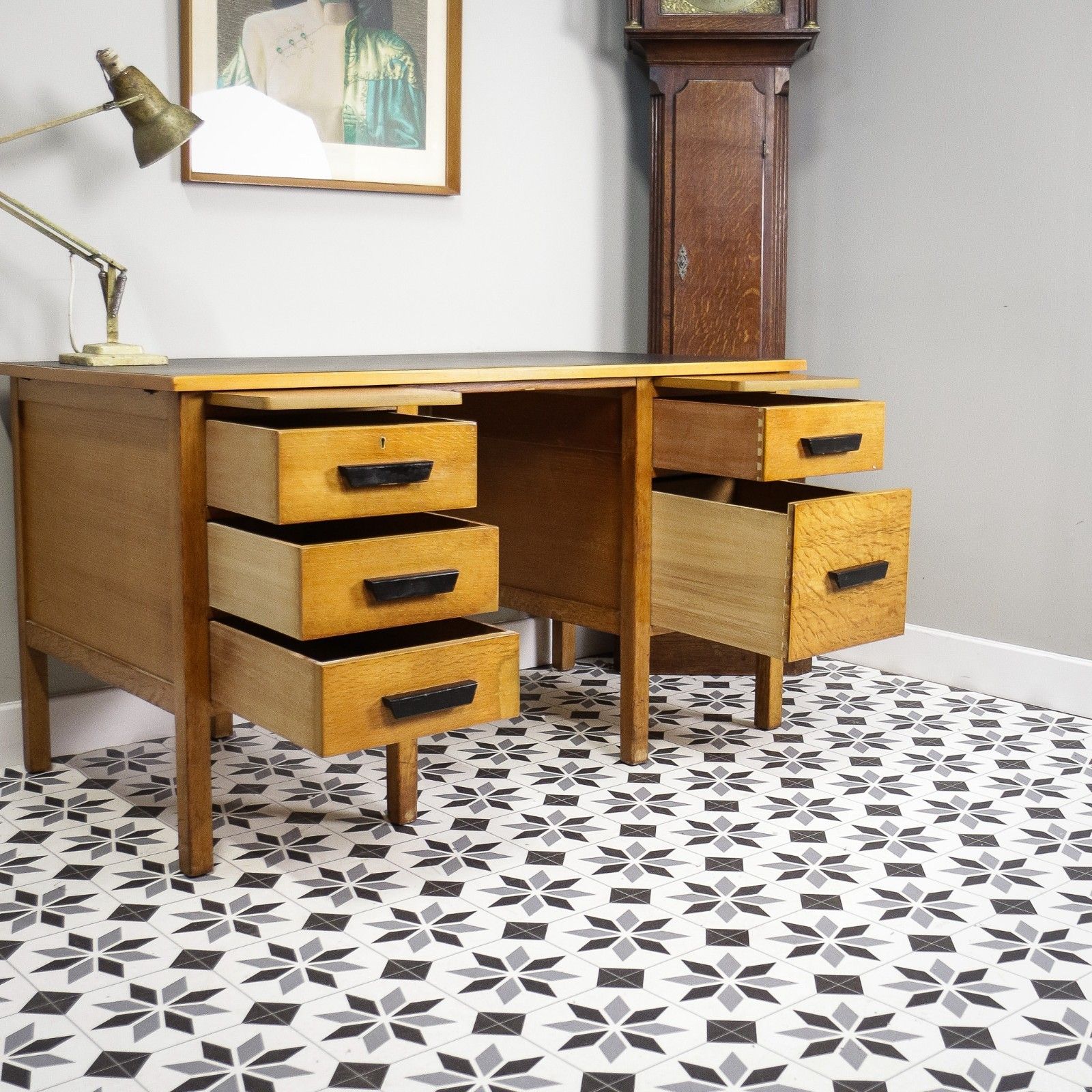 Oak And Oak Faced Mid Century Twin Pedestal Desk With Black Leatherette Top photo 595.0