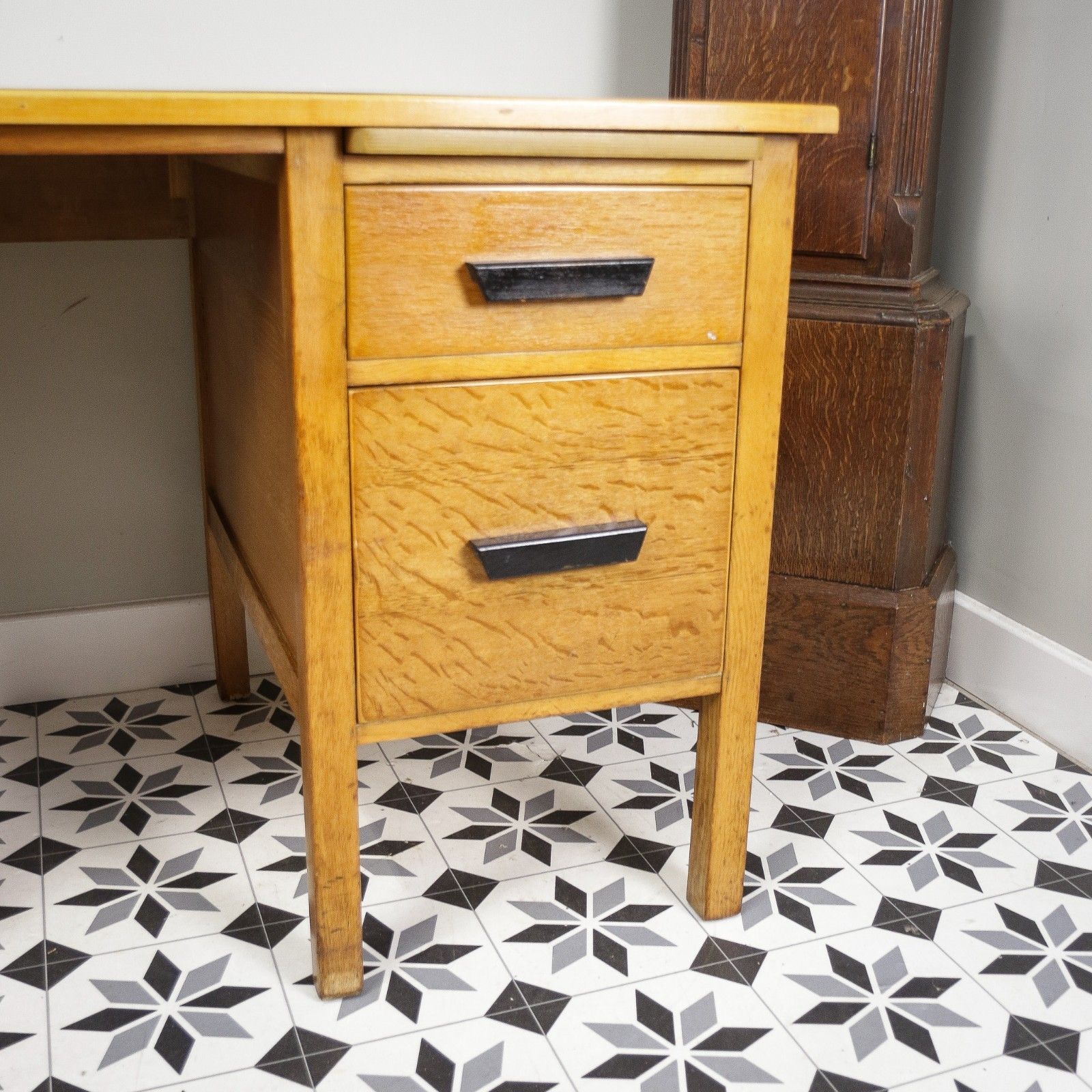 photo buy Oak And Oak Faced Mid Century Twin Pedestal Desk With Black Leatherette Top