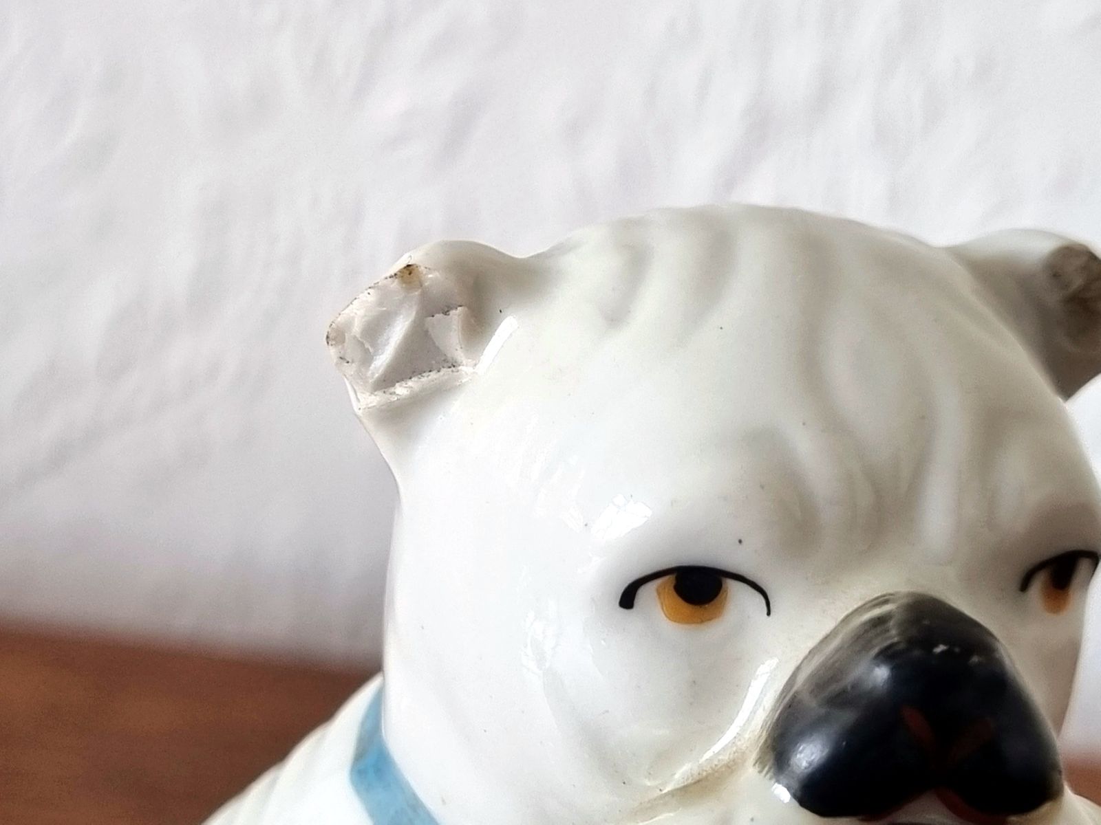 Antique German Porcelain Bulldog Figurine, Signed Germany, White Dog With Basket, Early 20th Century Ceramic Ornament photo for sale