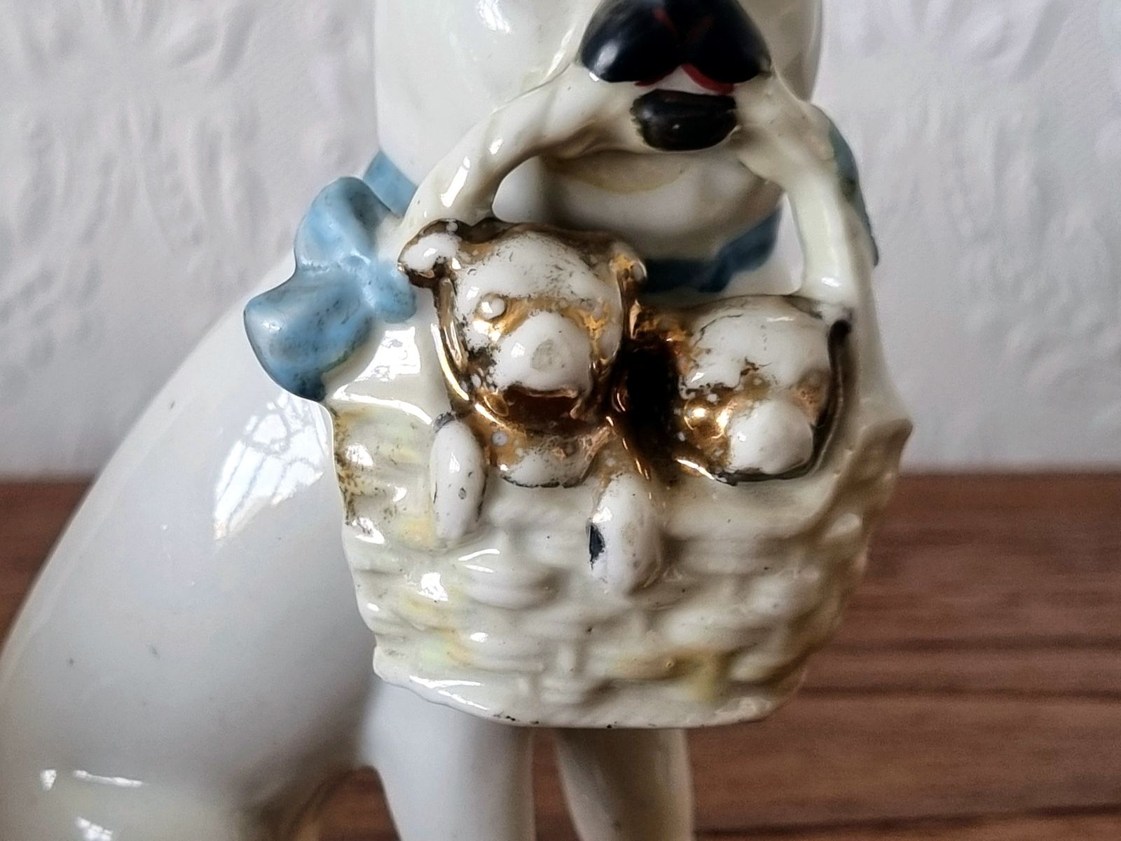 Antique German Porcelain Bulldog Figurine, Signed Germany, White Dog With Basket, Early 20th Century Ceramic Ornament photo 125.0