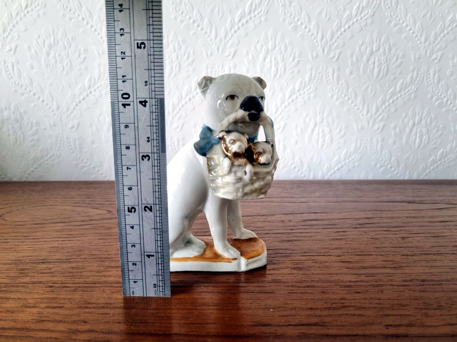 Antique German Porcelain Bulldog Figurine, Signed Germany, White Dog With Basket, Early 20th Century Ceramic Ornament photo buy