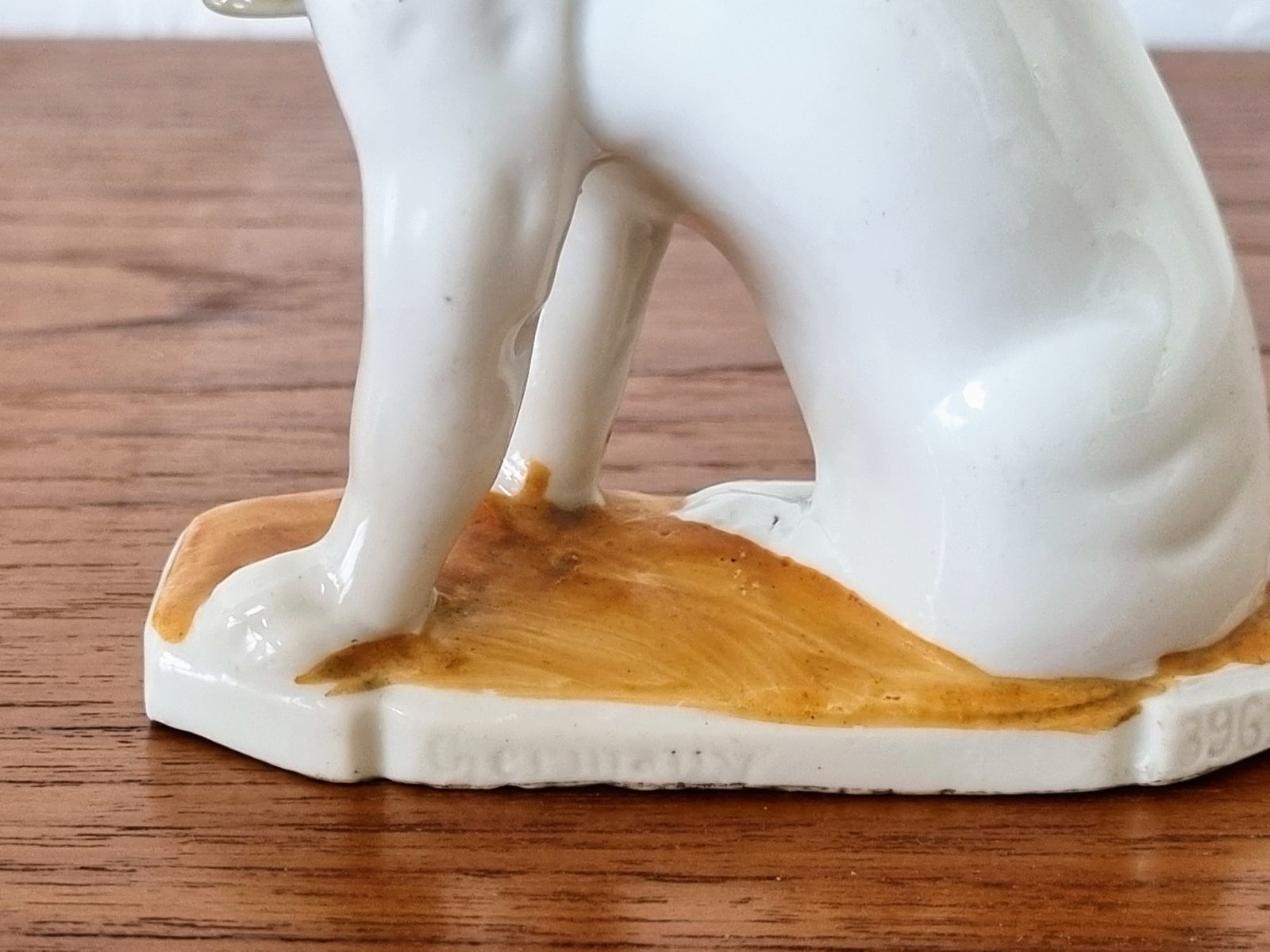photo for sale Antique German Porcelain Bulldog Figurine, Signed Germany, White Dog With Basket, Early 20th Century Ceramic Ornament