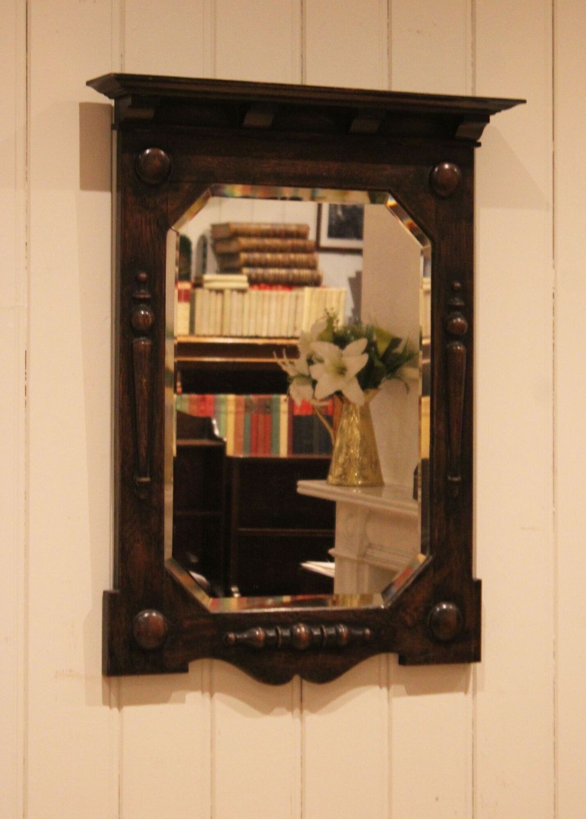 Solid Oak Wall Mirror, 1920s, Vintage photo 255.0
