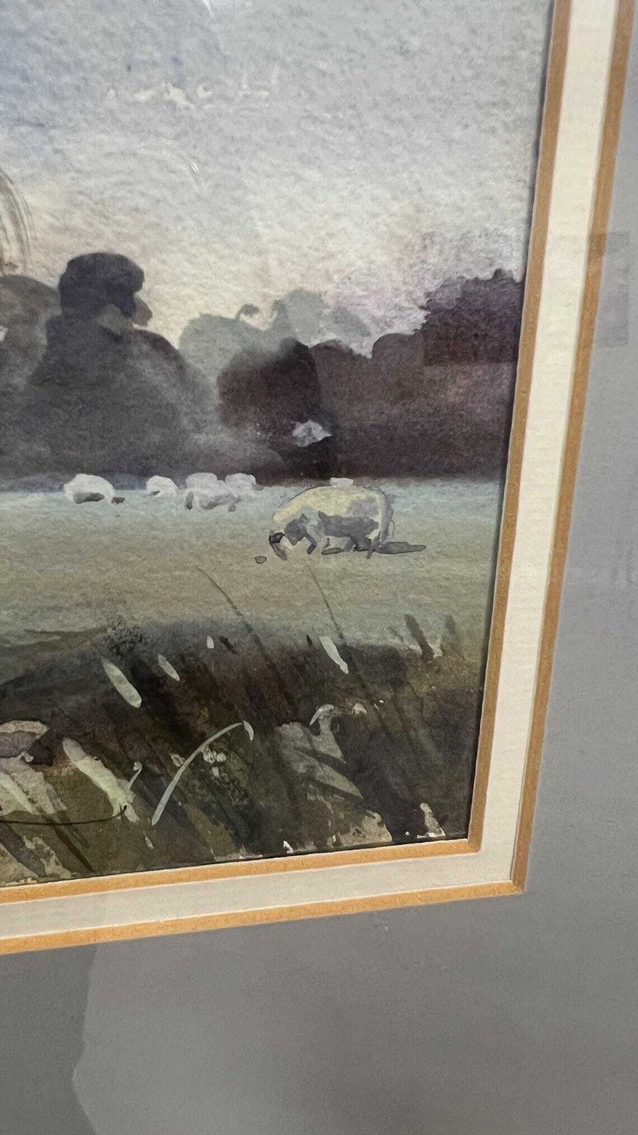 Signed Watercolour Landscape Picture Framed Pastoral River Scene With Sheep — Original Watercolour photo vinterior