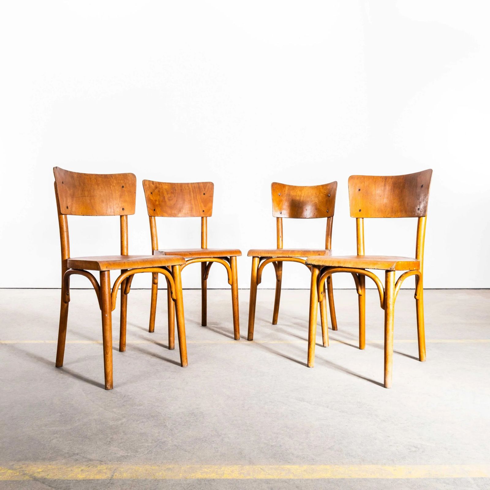 1940’s Large Honey Shield Back With A Flat Curved Edged Seat Dining Chairs – Set Of Four