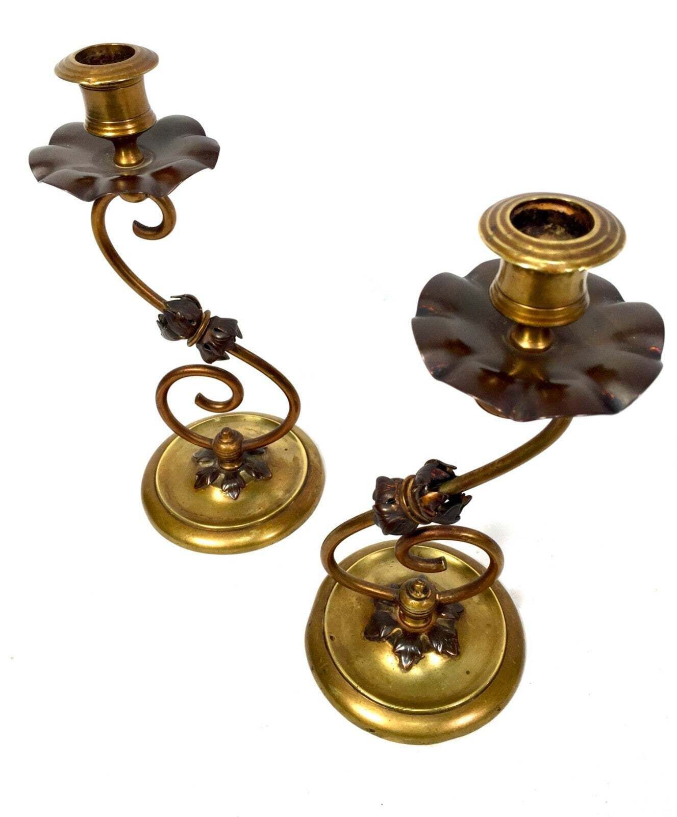 Antique Pair Of Brass & Copper Candle Stick Holders Art Nouveau 20th Century photo for sale