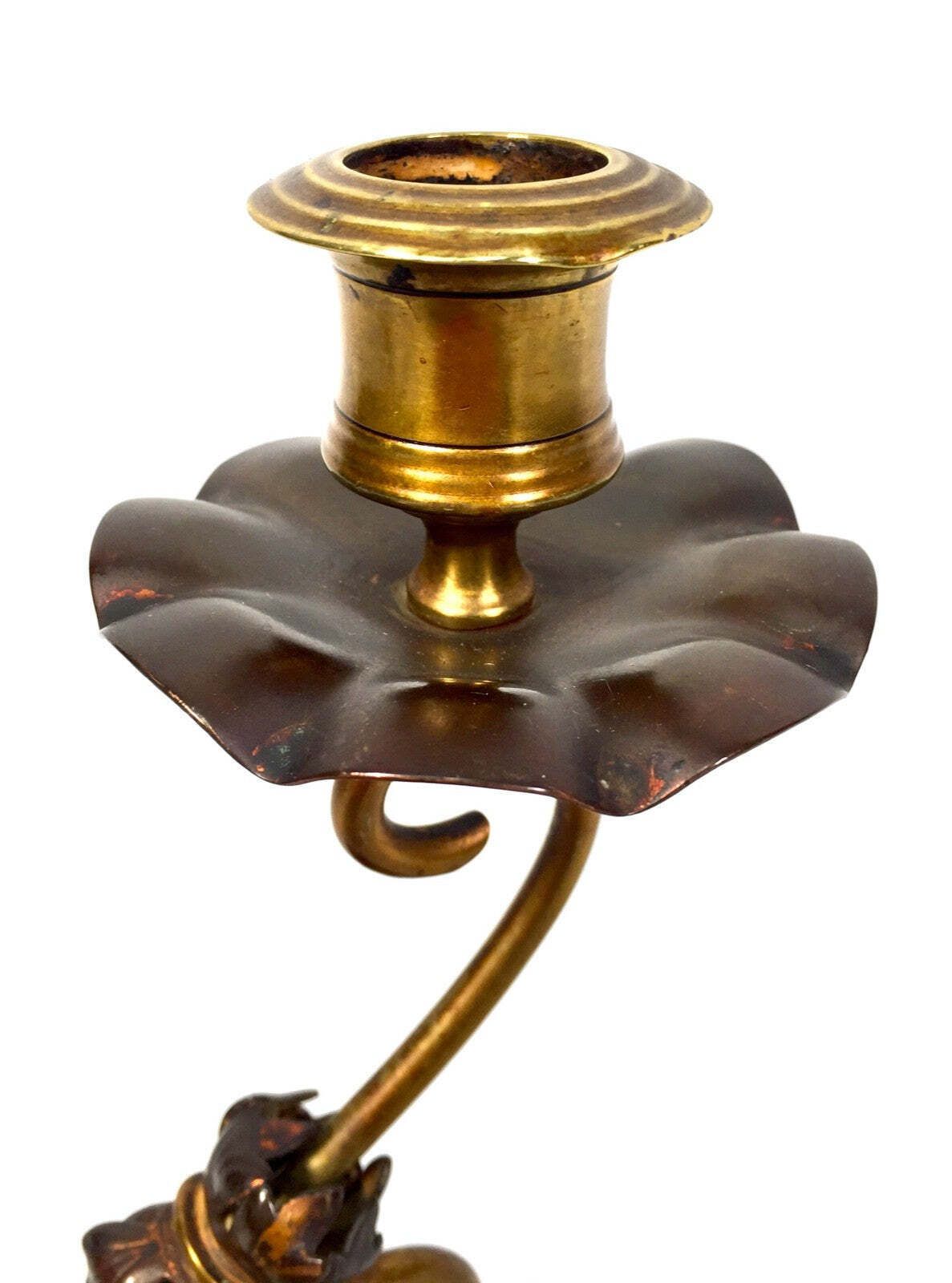 Antique Pair Of Brass & Copper Candle Stick Holders Art Nouveau 20th Century photo vinterior